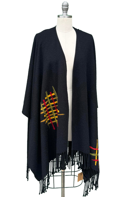Fringed Serape Wrap | Cashmere | Needle Felted Grid | Black, Gold, Red & Green