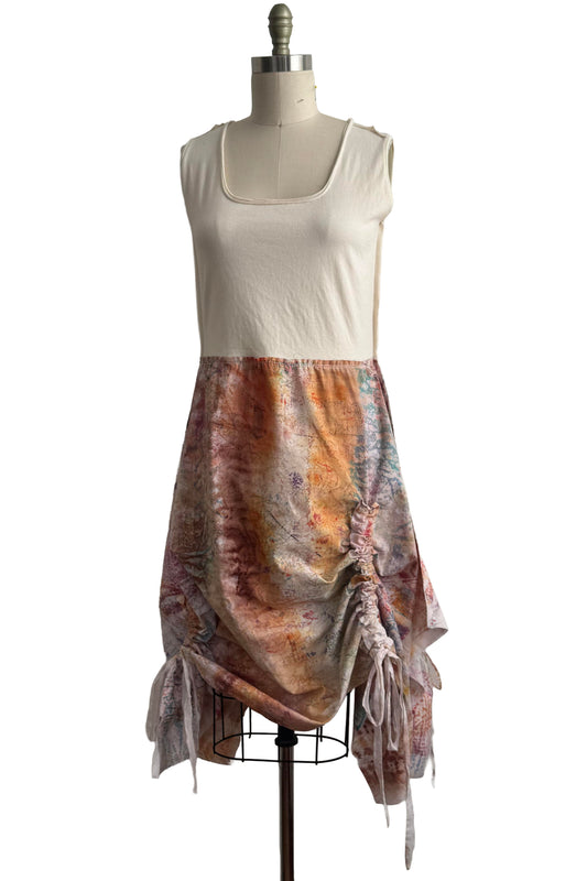 Montmartre Dress Drawstring | Silk Charmeuse & Organic Cotton Jersey | Creme & Orange Multi | Medium