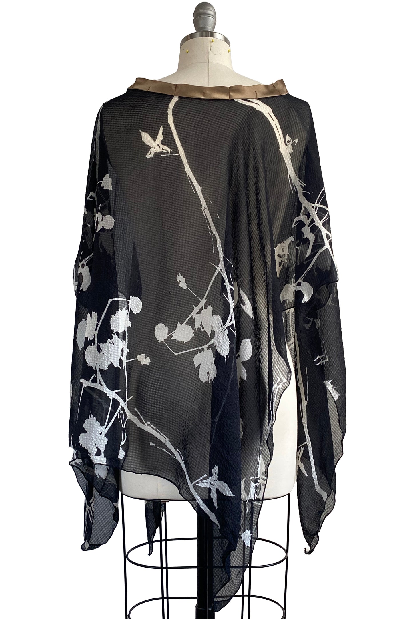 Seersucker Silk Poncho w/ Cotton Print - Black, Silver & Natural