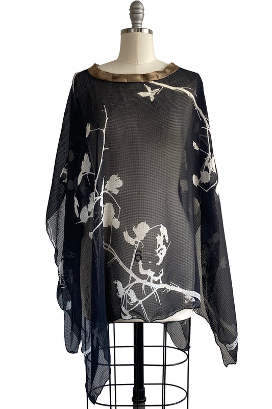 Seersucker Silk Poncho w/ Cotton Print - Black, Silver & Natural