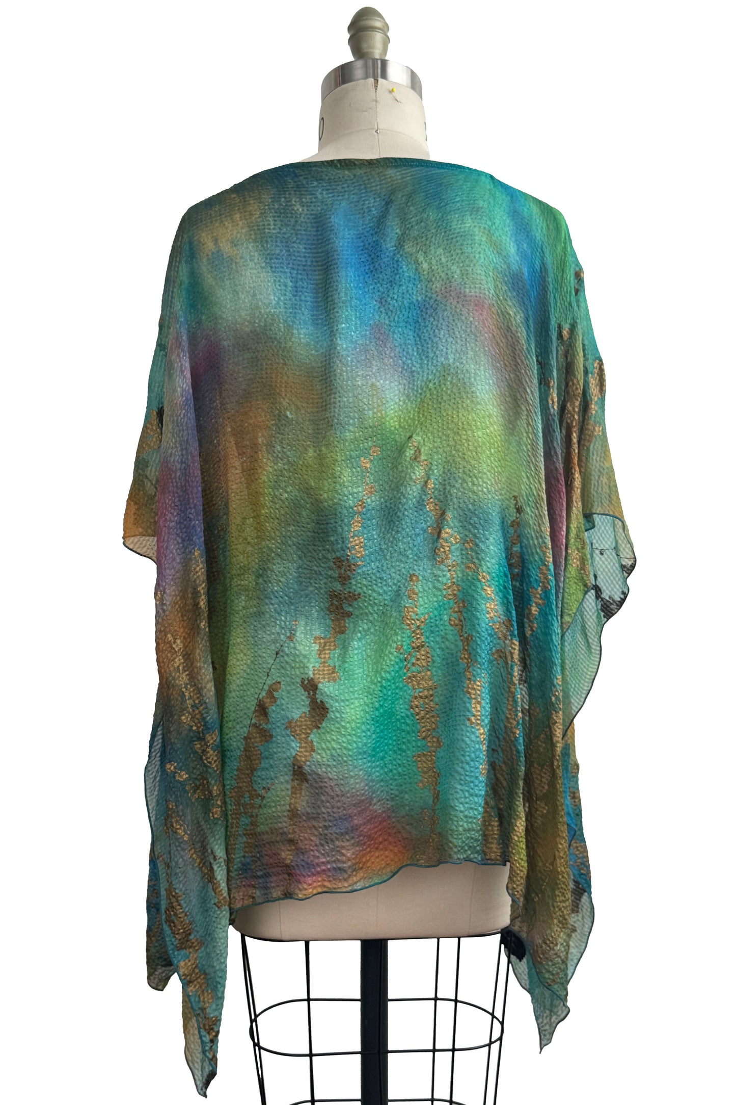 Button Drape | Seersucker Silk | Painted Dye w/ Hollyhock Print | Greens, Blues, & Pink