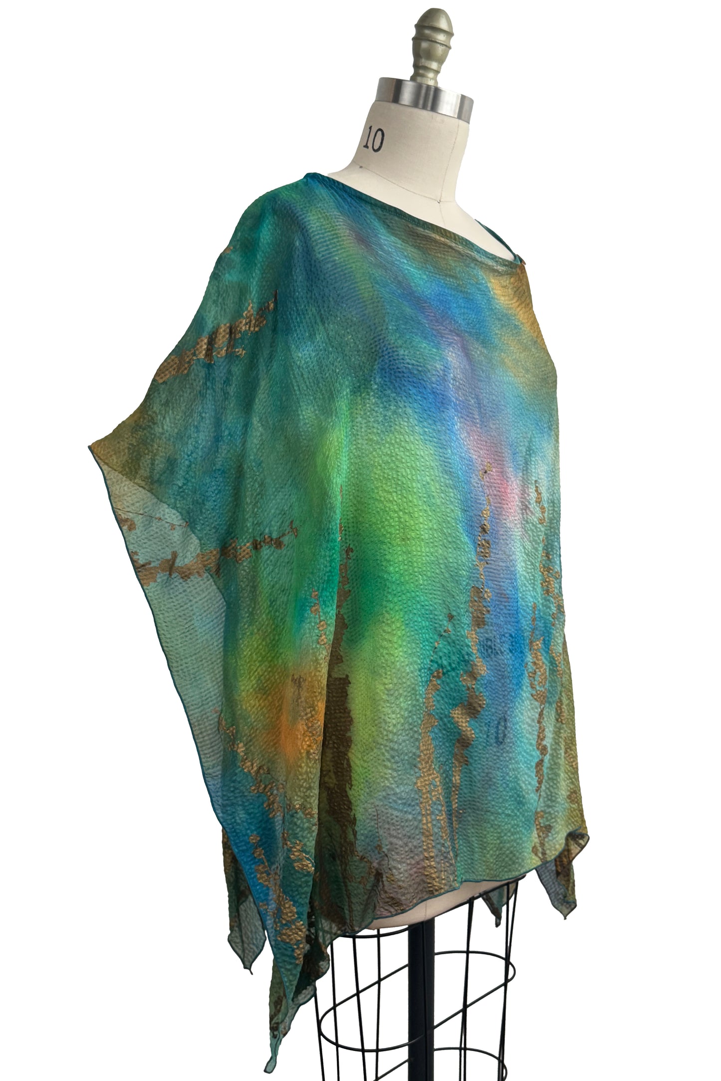 Button Drape | Seersucker Silk | Painted Dye w/ Hollyhock Print | Greens, Blues, & Pink