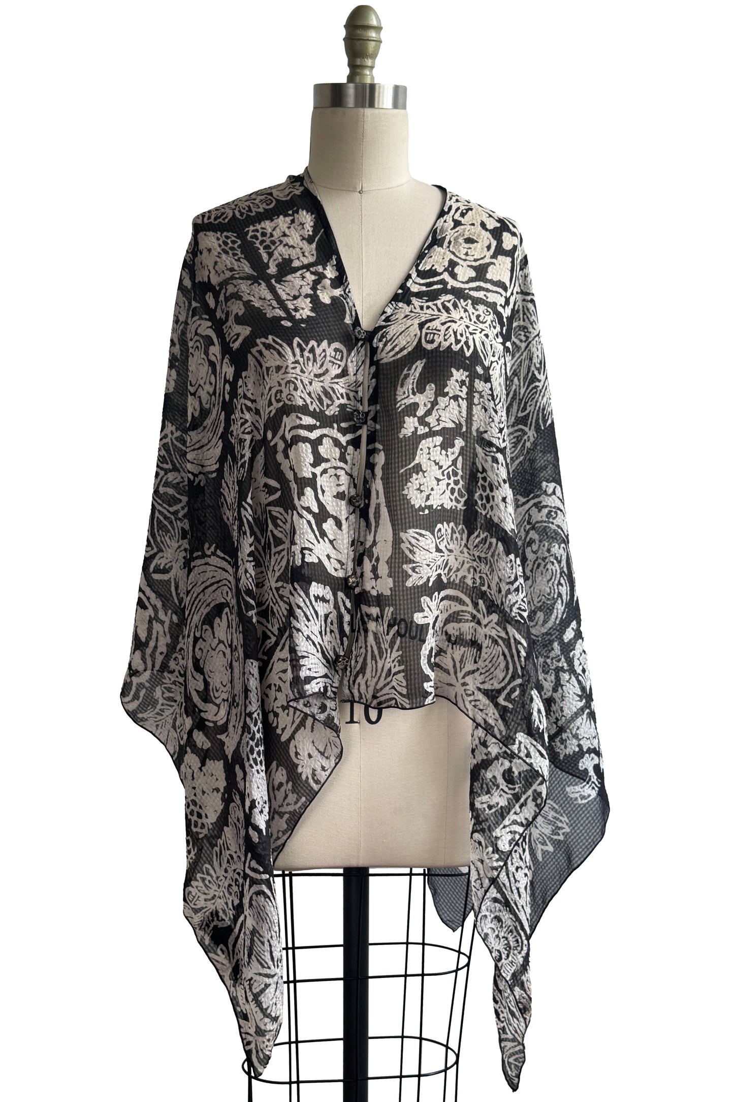 Button Drape | Seersucker Silk | Tile Print | Black & Natural