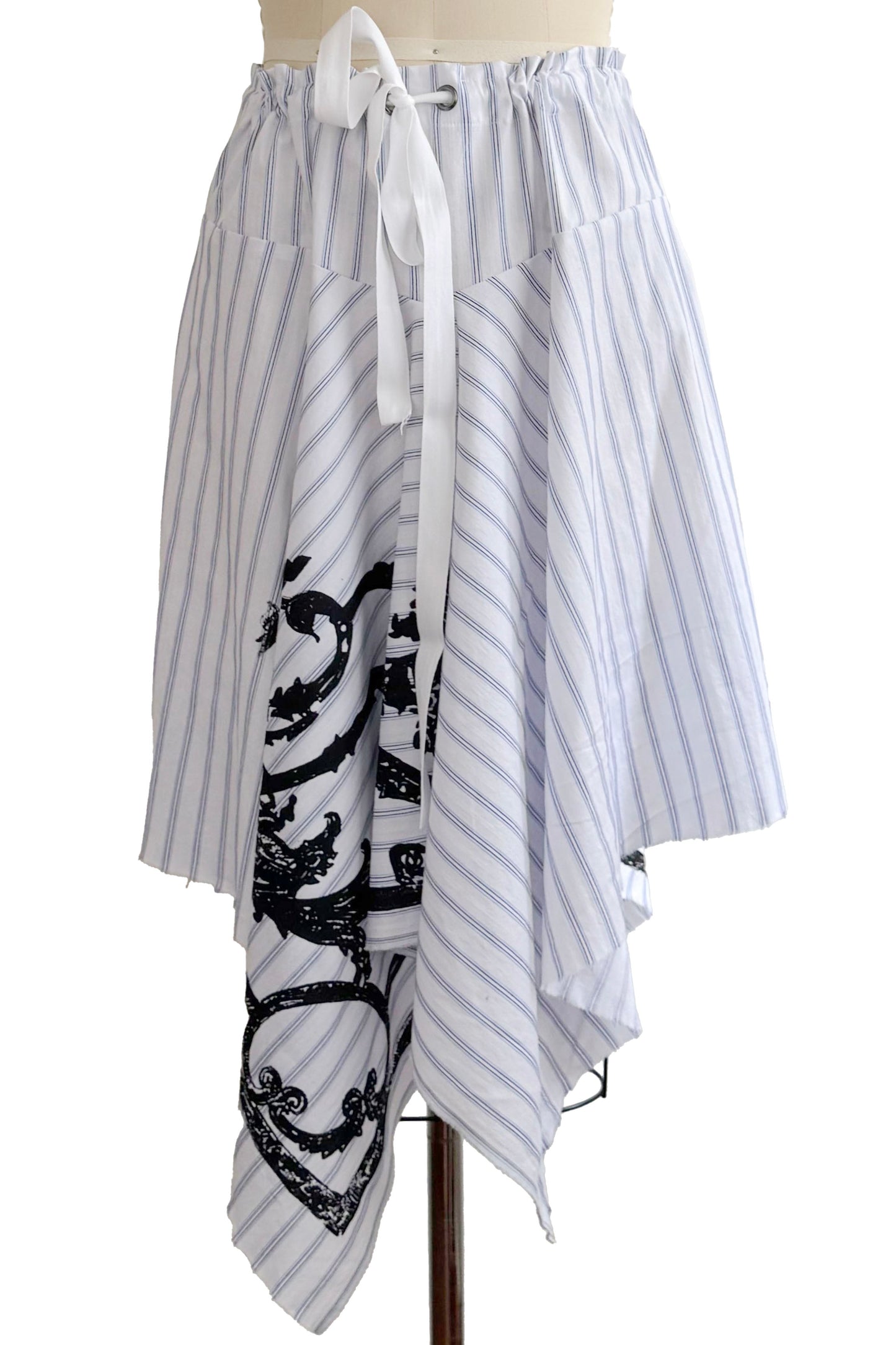 Rayme Skirt | Cotton | Stripe & Scroll Print | White, Blue & Black | Small