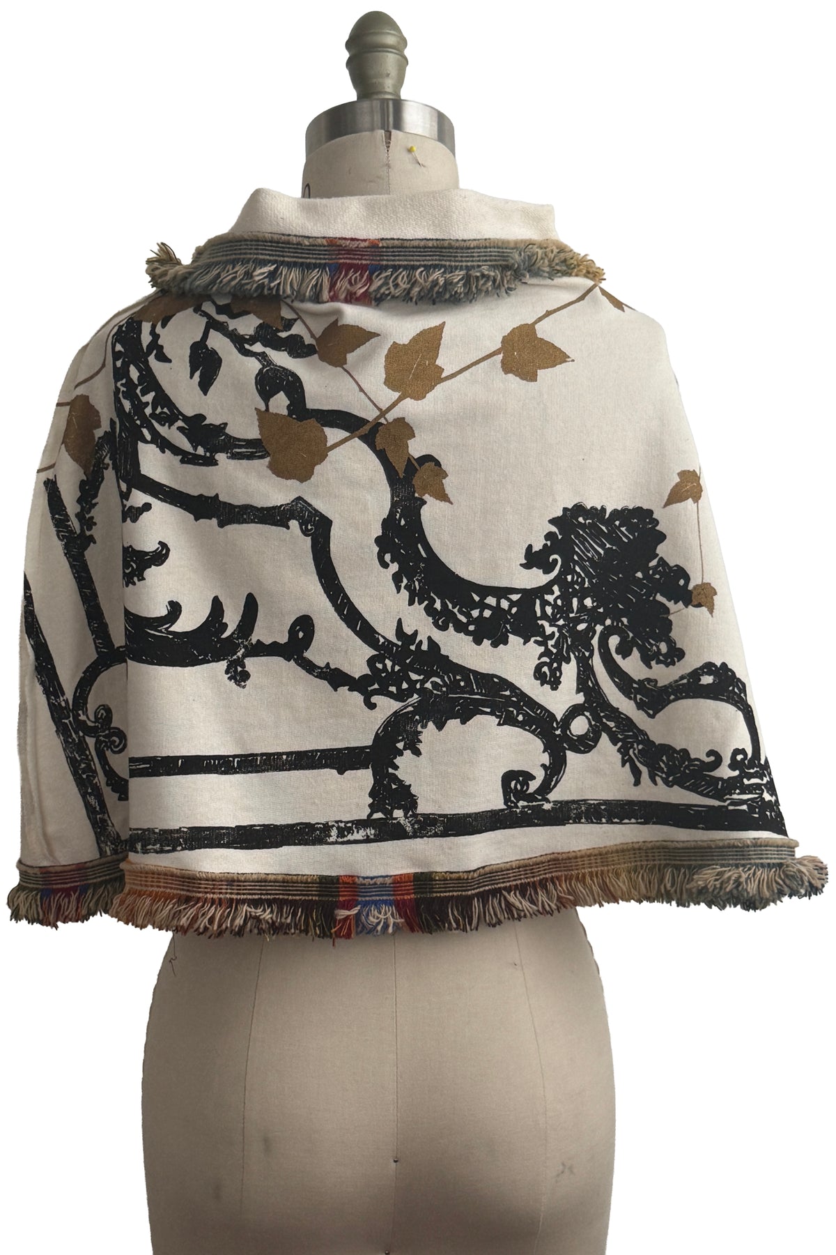 KB Studio Fringe Shrug | Organic Cotton French Terry | Scroll & Vine Print | White, Black & Gold