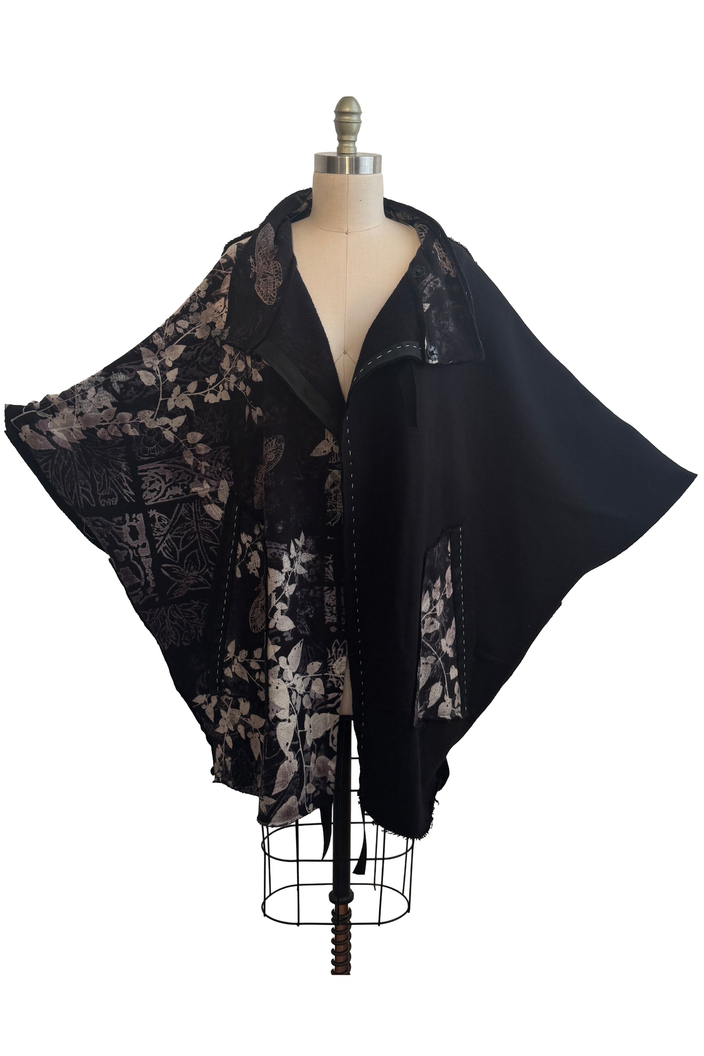 KB x Alquimie Studio Wolf Cape | Organic Cotton French Terry | Tile, Moth & Vine Print Left | Black & Natural | Large