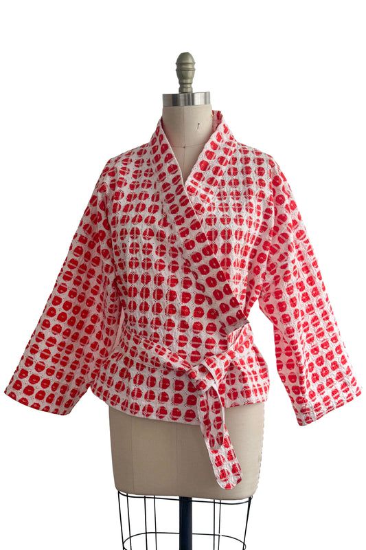 Kimono Tie Jacket | Cotton Eyelet | White & Red Orange | Medium