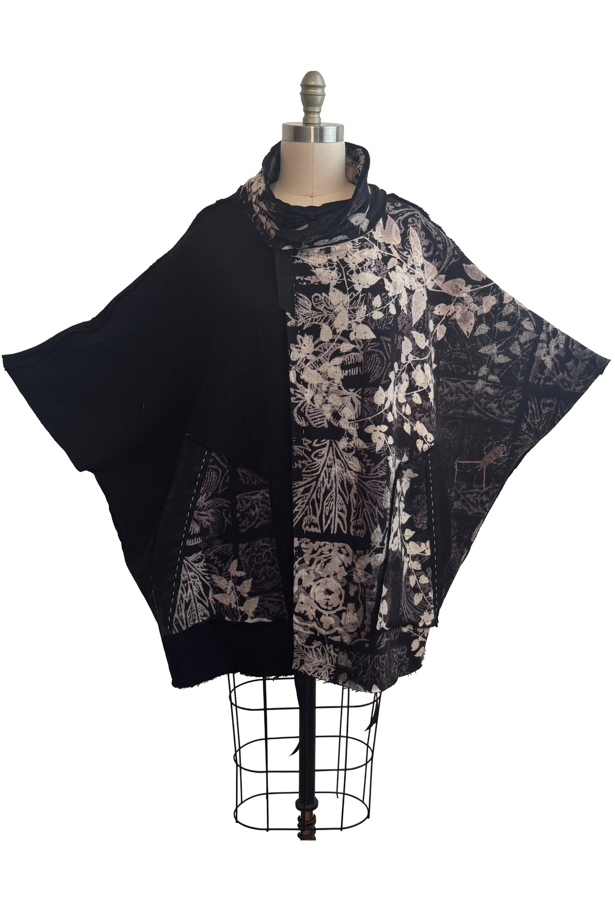 KB x Alquimie Studio Wolf Cape | Organic Cotton French Terry | Tile & Vine Print Right | Black & Natural | Medium
