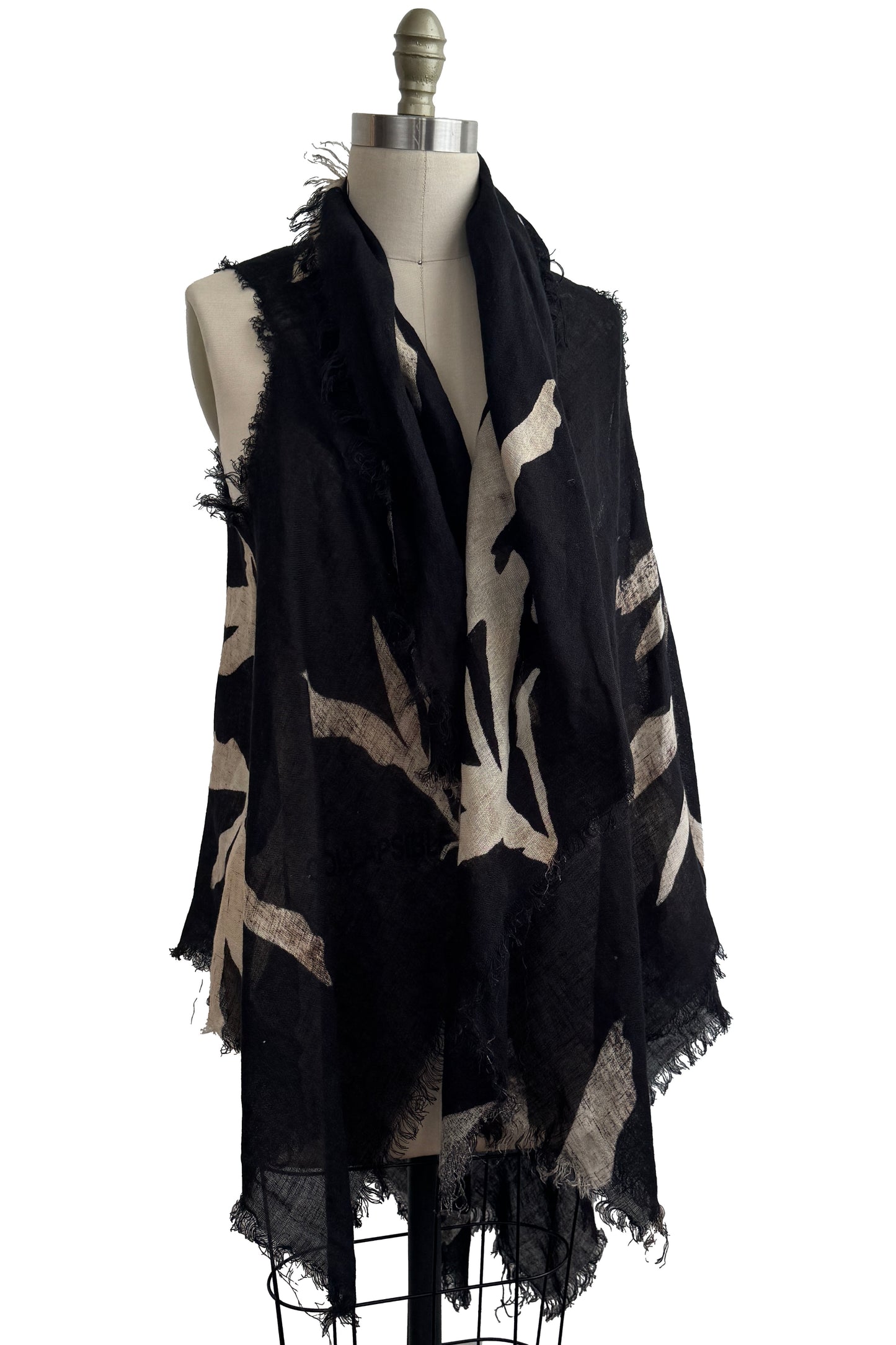 Asymmetrical Wrap Vest | Open Weave Linen | Azalea Leaf Print | Black & Natural