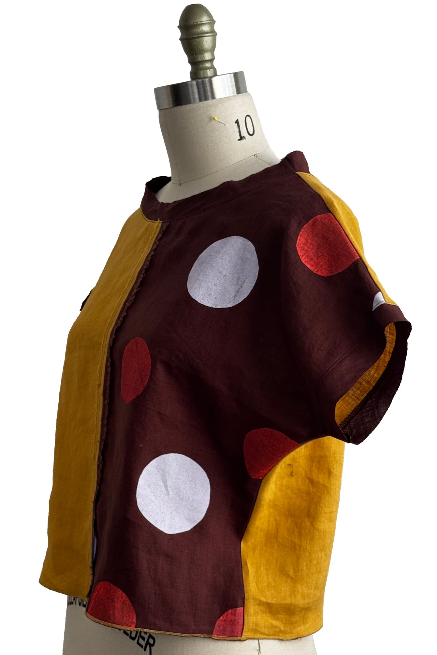 Jen Top | Linen | Moon Dot Print | Ochre Gold, Burgundy & White | Small (2)