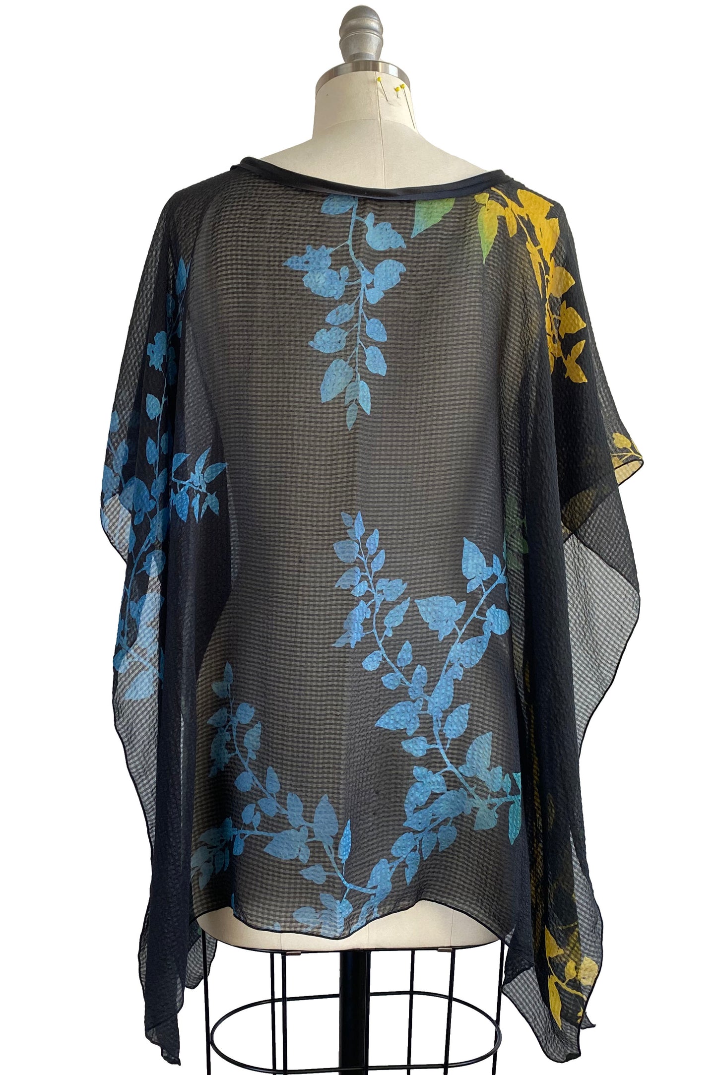 Seersucker Silk Poncho w/ Vine Print - Black, Blue & Yellow