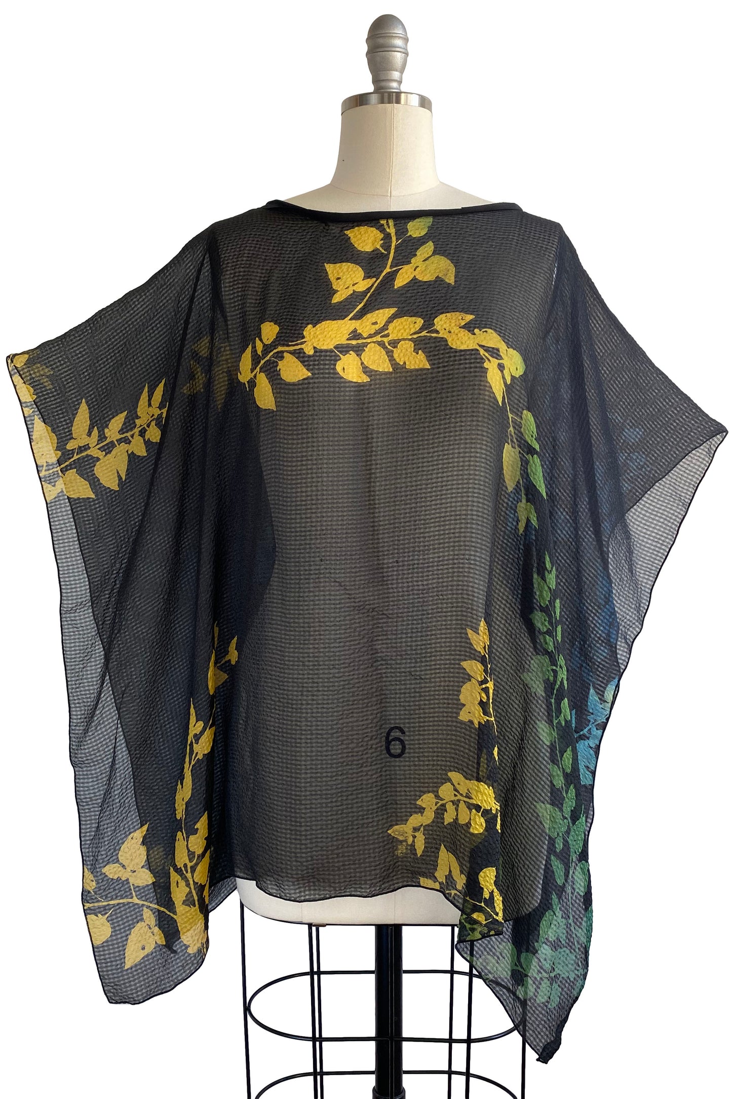 Seersucker Silk Poncho w/ Vine Print - Black, Blue & Yellow