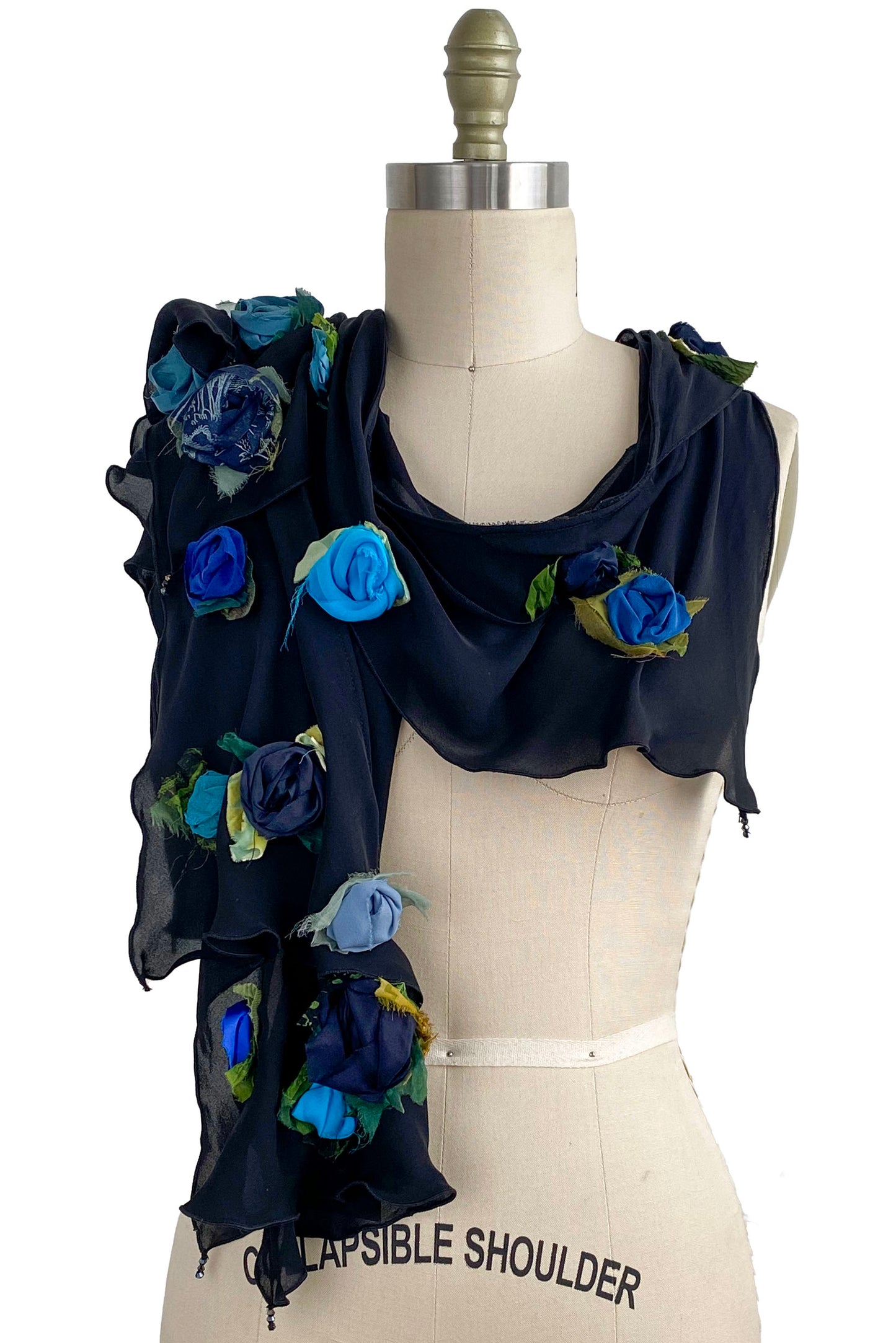 Georgette Krazy Scarf w/ Rosettes - Black & Blue Multi