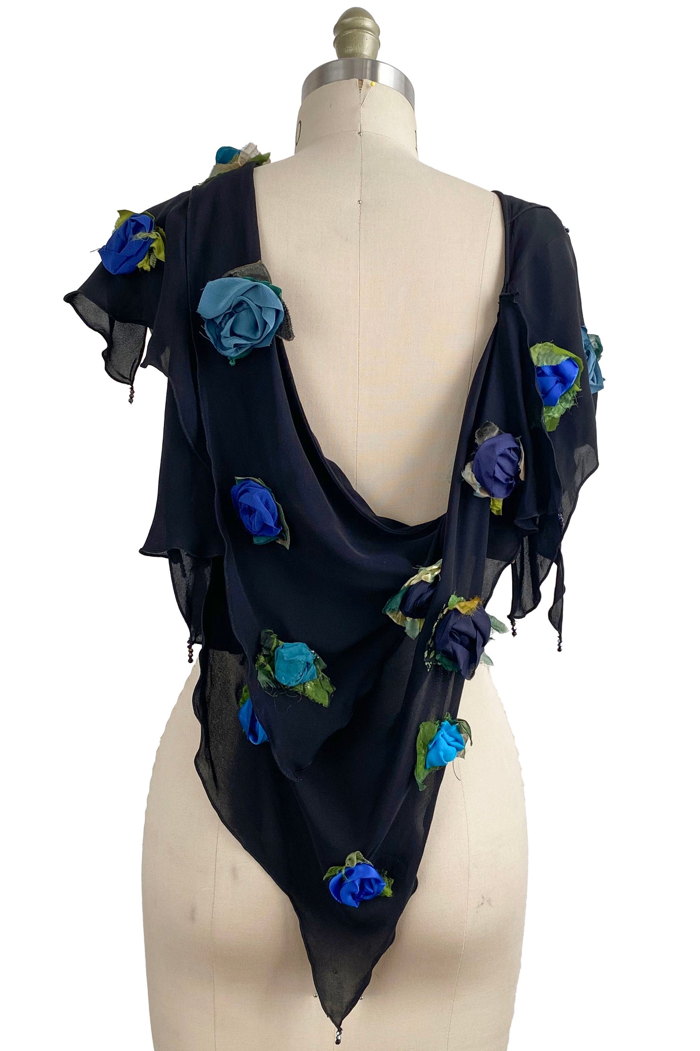 Georgette Krazy Scarf w/ Rosettes - Black & Blue Multi