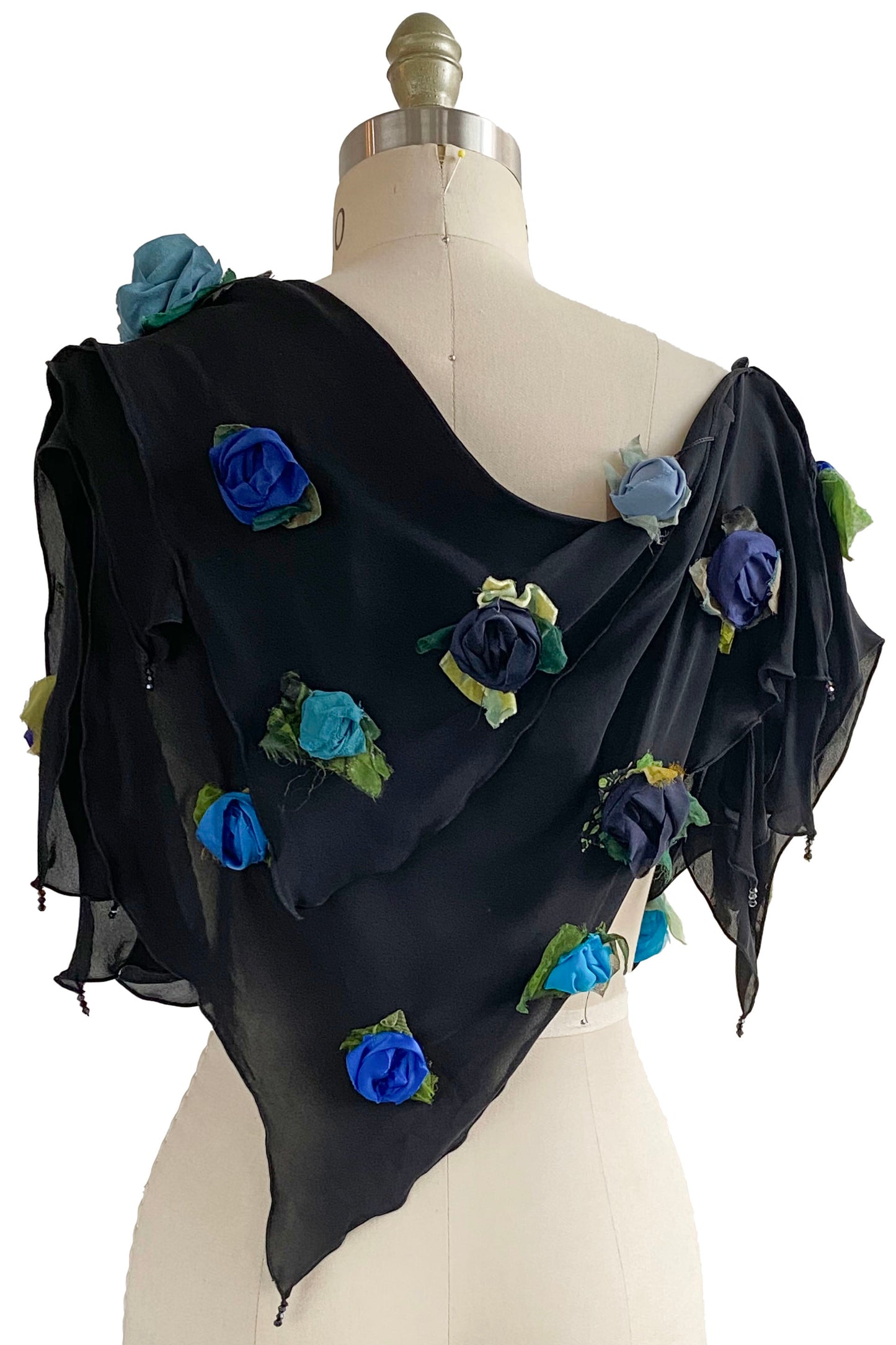 Georgette Krazy Scarf w/ Rosettes - Black & Blue Multi