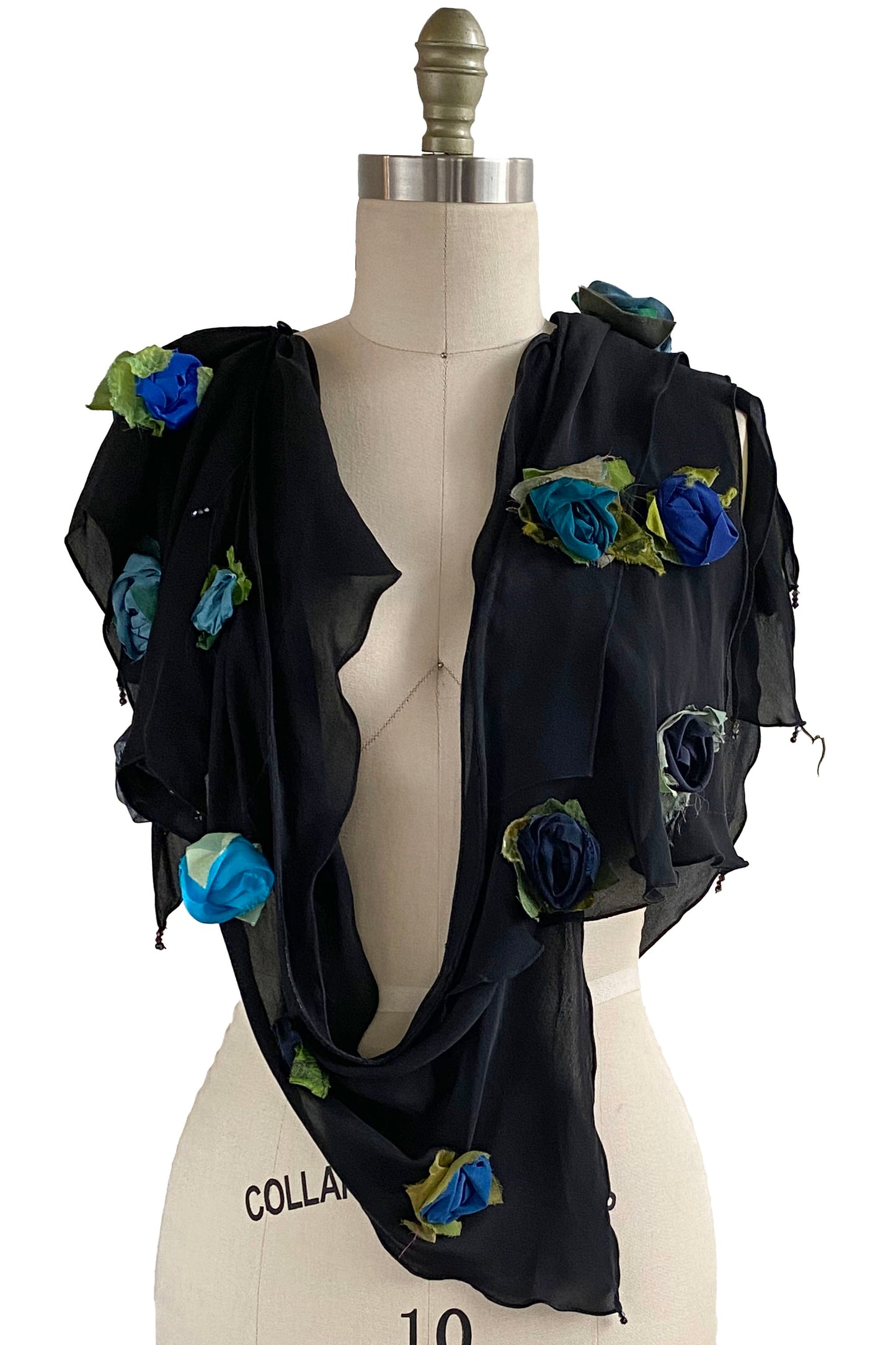 Georgette Krazy Scarf w/ Rosettes - Black & Blue Multi