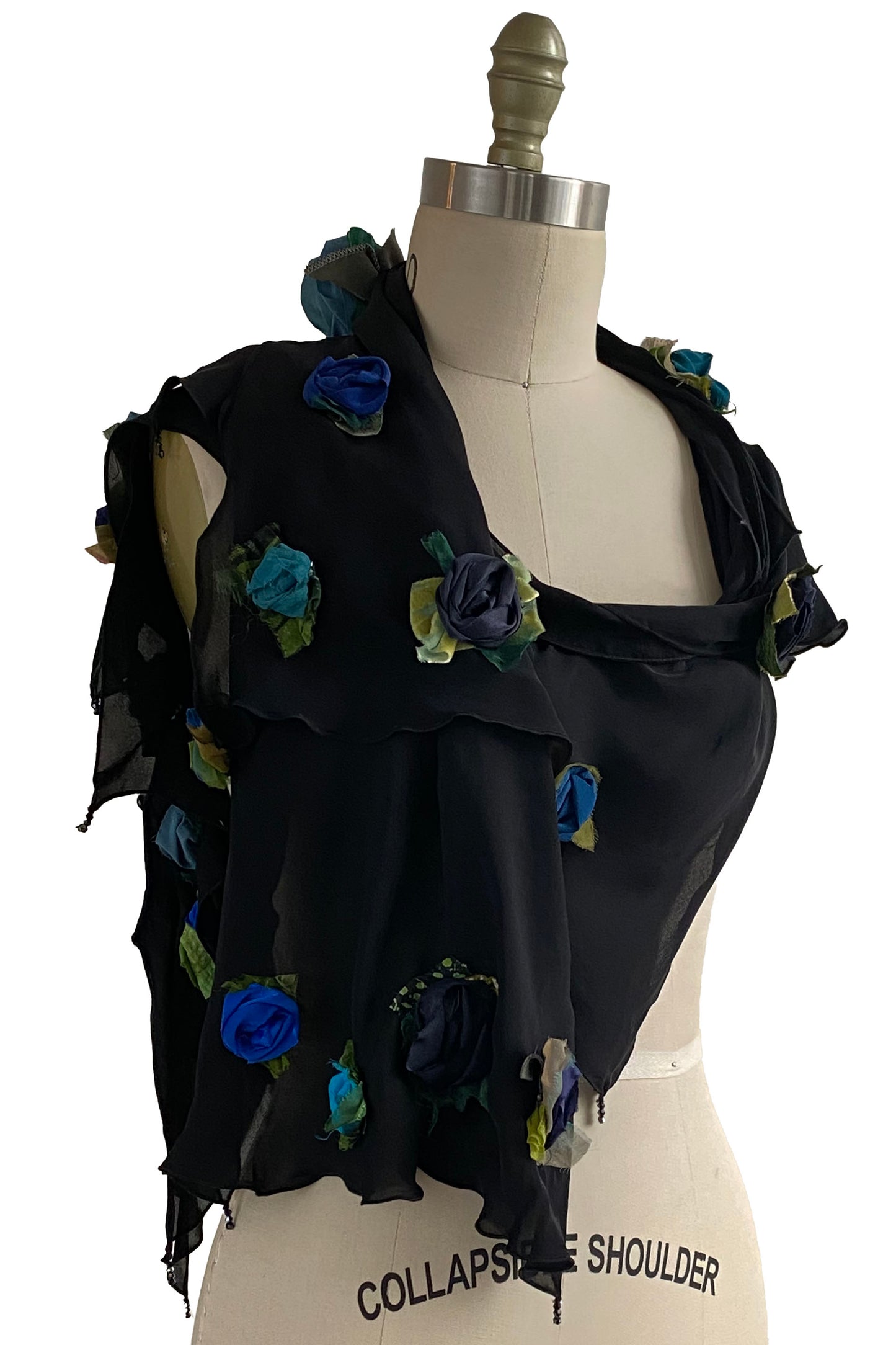 Georgette Krazy Scarf w/ Rosettes - Black & Blue Multi