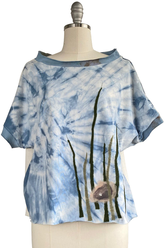 Jen Crop Top w/ Felted Seaweed & Oyster - Blue & White - Medium