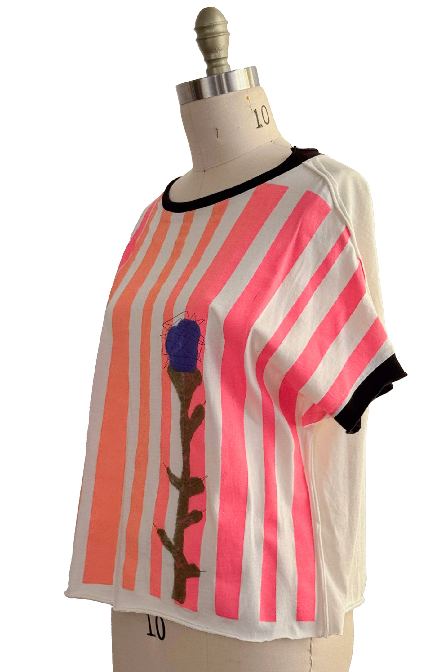 Jen Top | Organic Cotton Jersey | Painted Stripe & Felted Flower | White, Pink, Orange & Blue | Medium