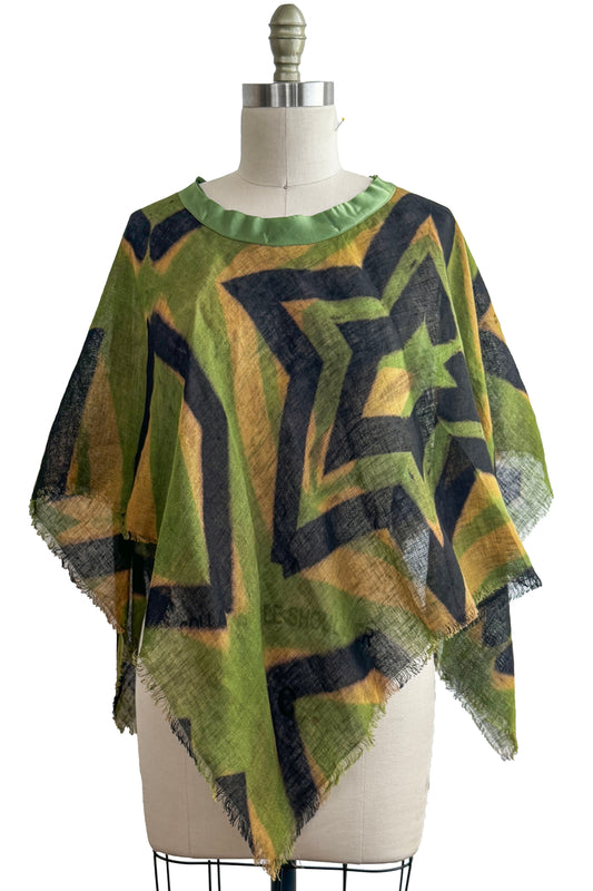 Open Weave Poncho w/ Silk Trim | Open Weave Linen | Itajime Dye | Black, Green & Gold