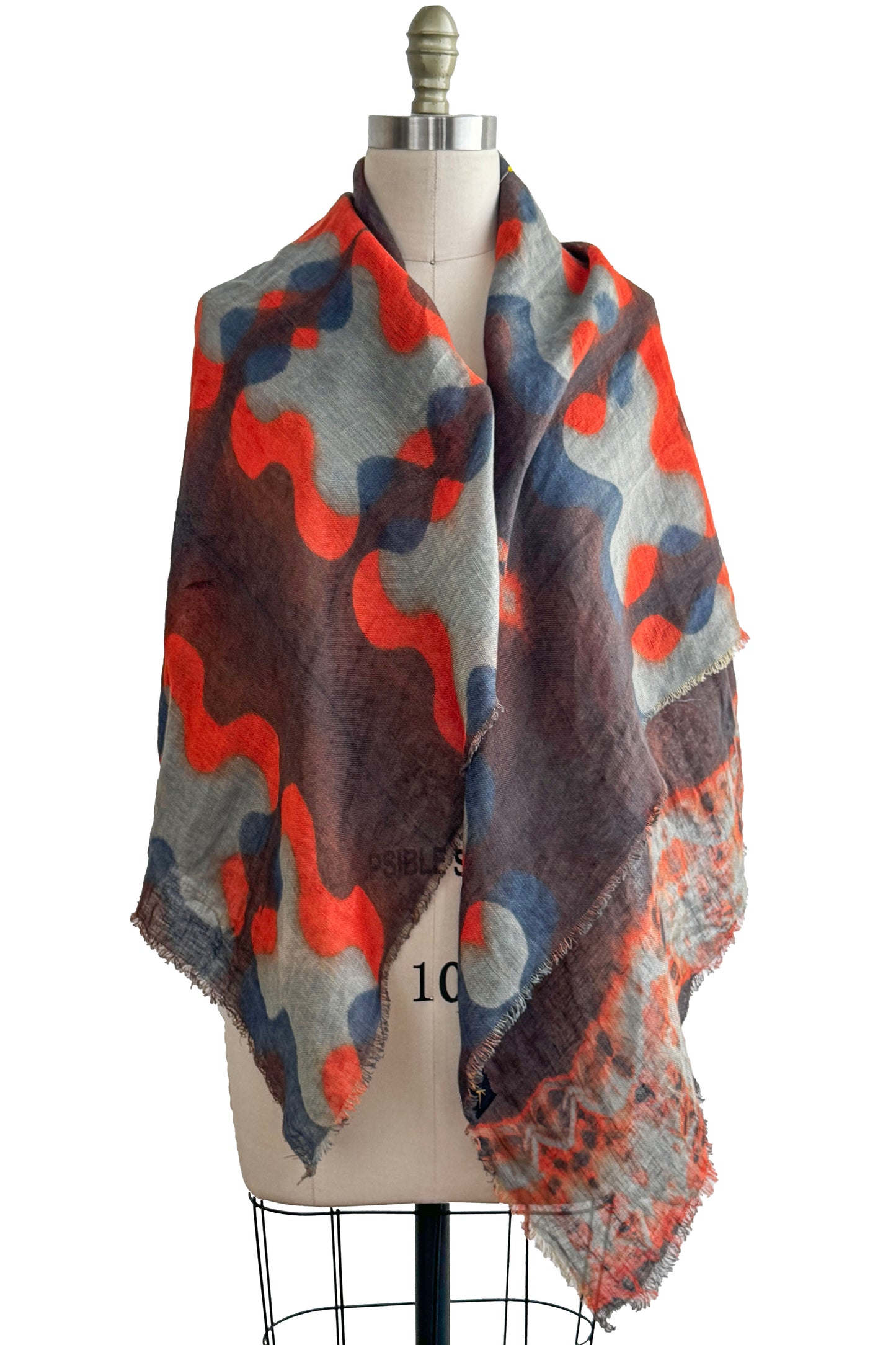 Shawl | Open Weave Linen | Itajime & Kumo Dye | Purple, Light Blue & Red Orange