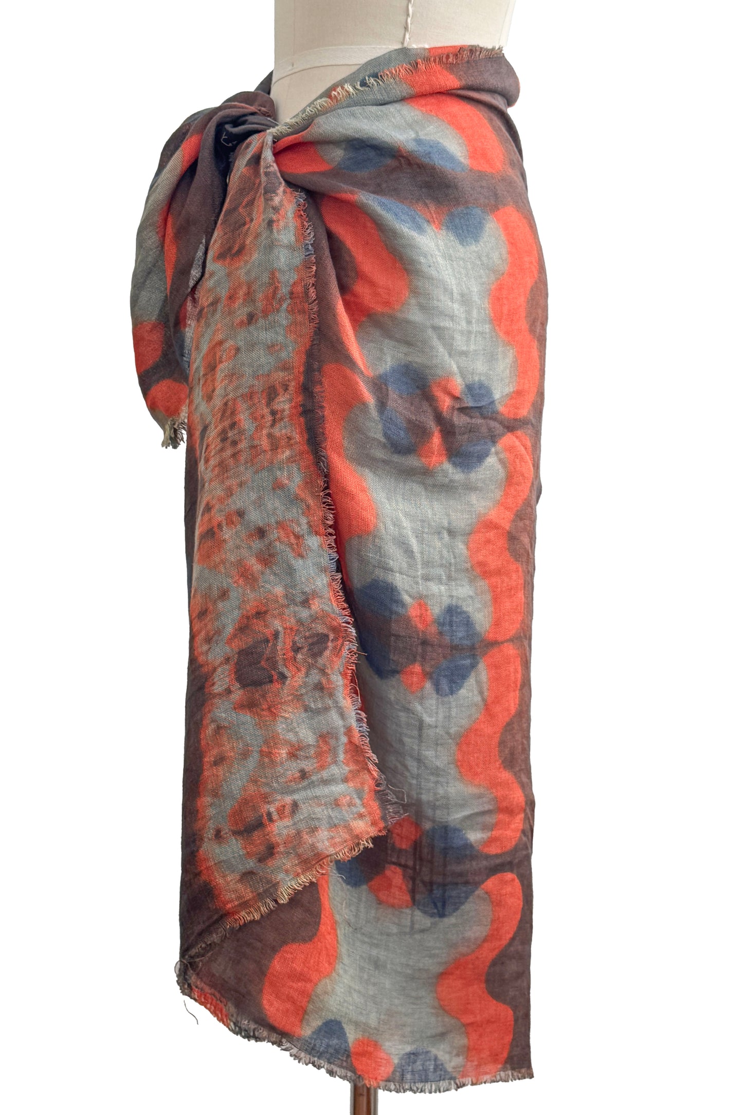 Shawl | Open Weave Linen | Itajime & Kumo Dye | Purple, Light Blue & Red Orange