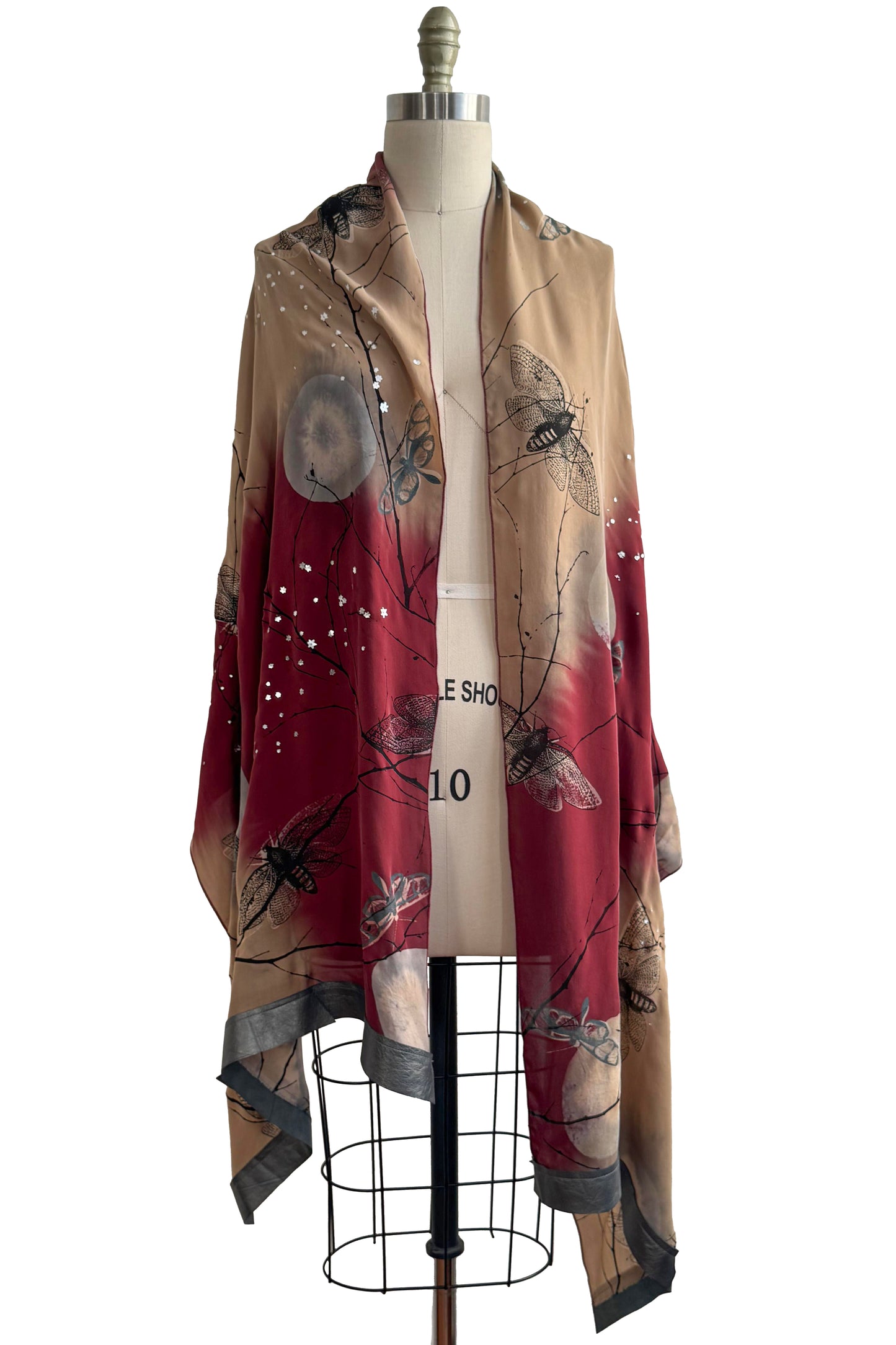 Chiffon Shawl w/ Leather Trim Moon & Moth Print - Red & Gold