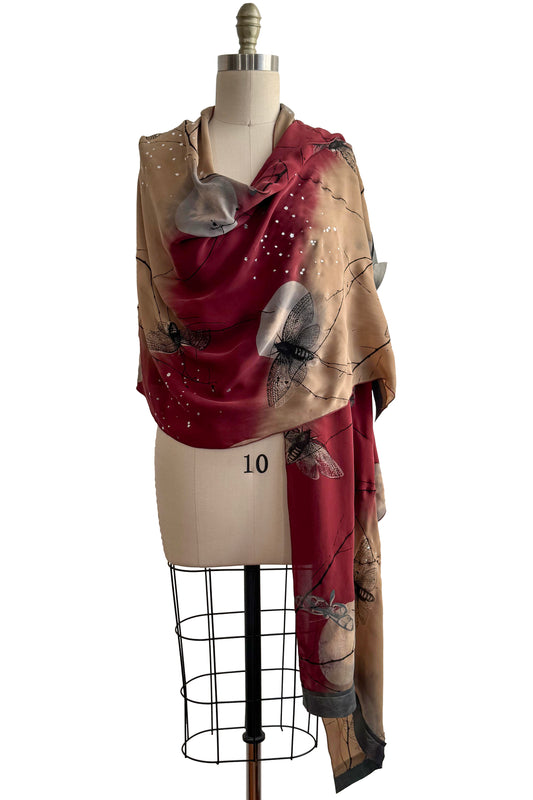 Chiffon Shawl w/ Leather Trim Moon & Moth Print - Red & Gold