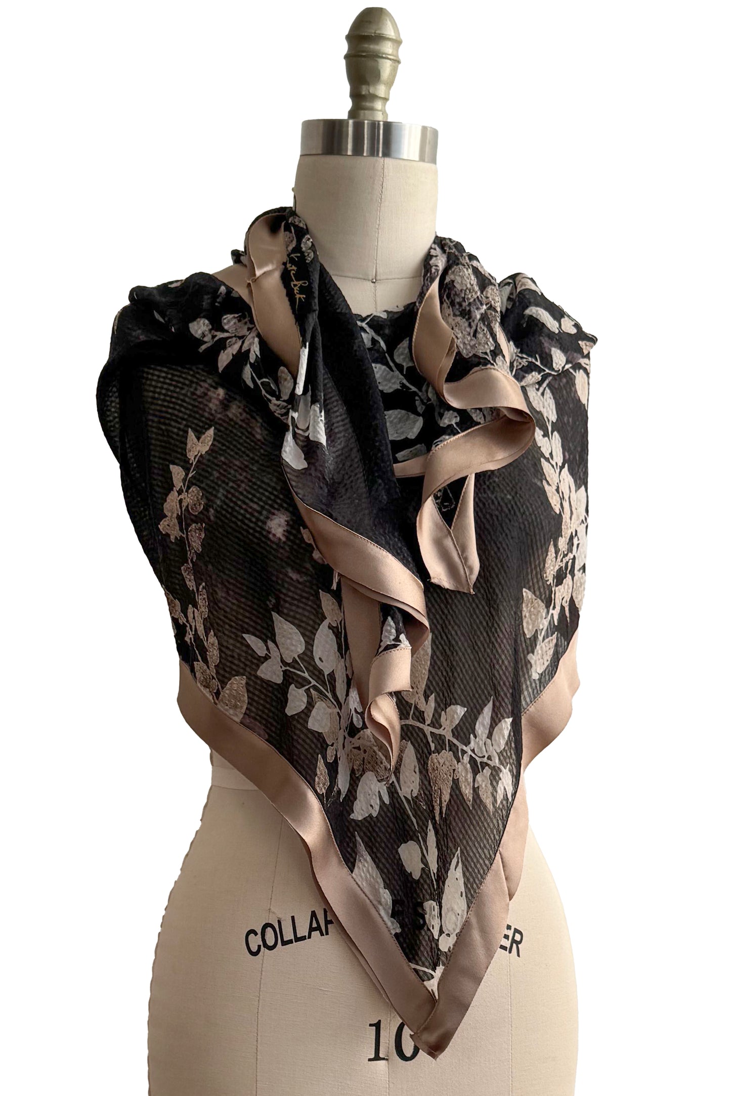Triangle Shawl in Seersucker Silk - Bias Trim - Vine Print - Black & Stone