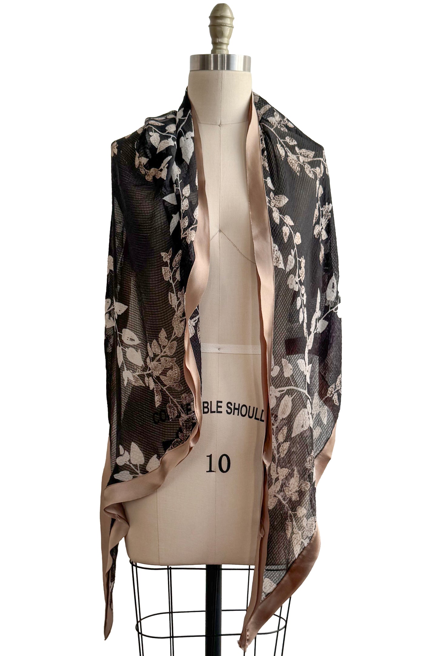 Triangle Shawl in Seersucker Silk - Bias Trim - Vine Print - Black & Stone