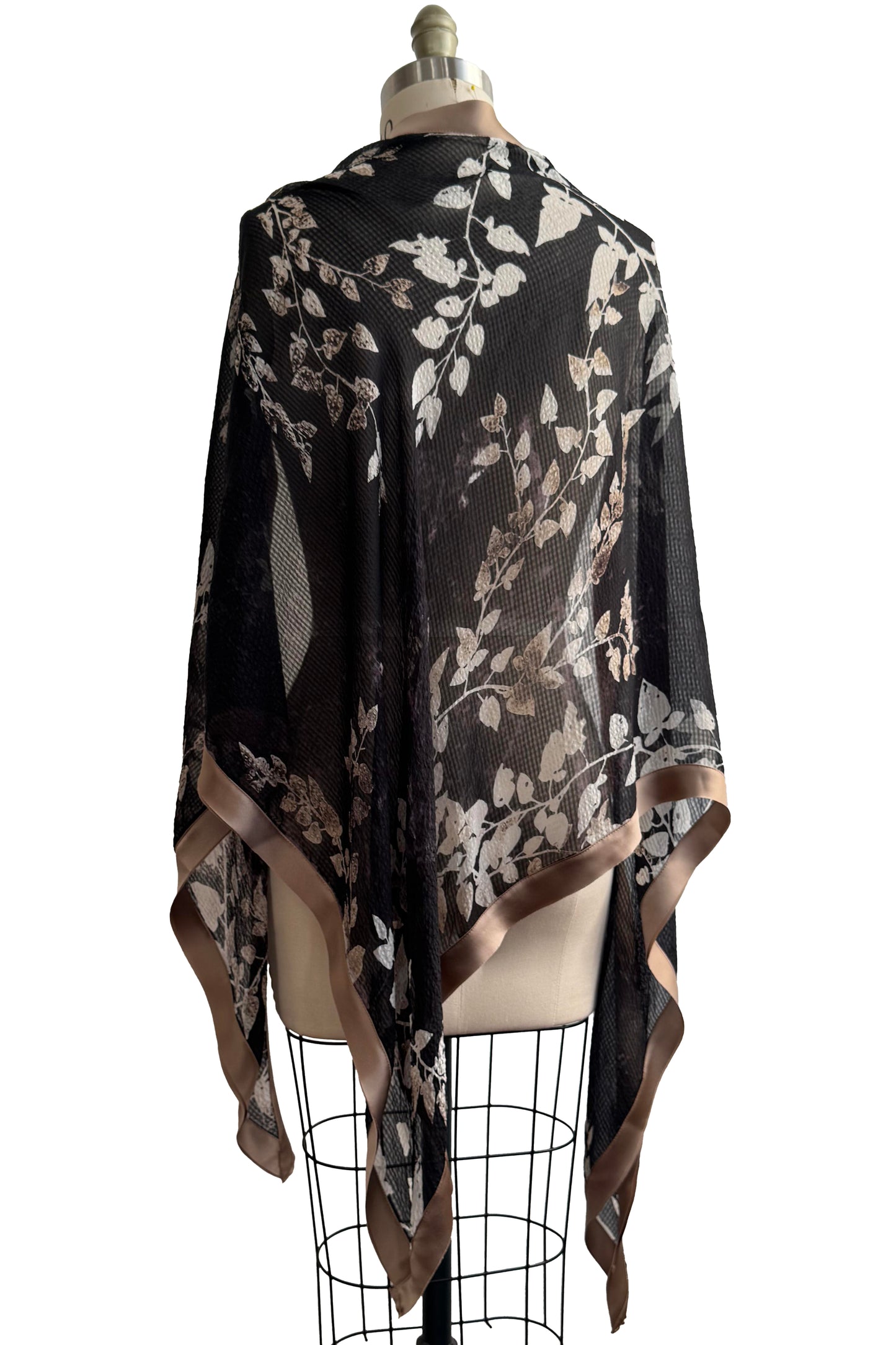 Triangle Shawl in Seersucker Silk - Bias Trim - Vine Print - Black & Stone