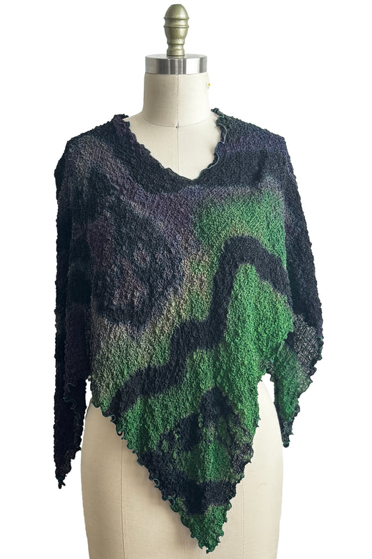 Bubble Poncho | Bubble Textured Silk | River Dye | Eggplant, Green & Black