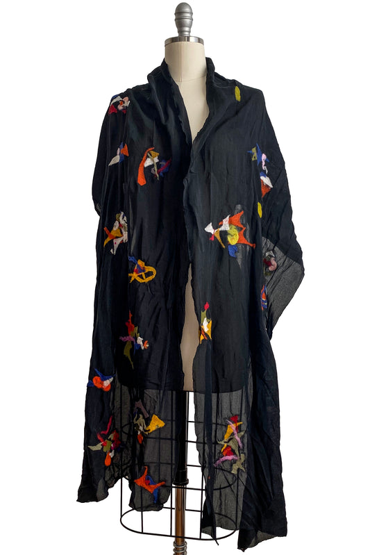 Wool Shawl w/ Felted Bits Applique - Black & Multi