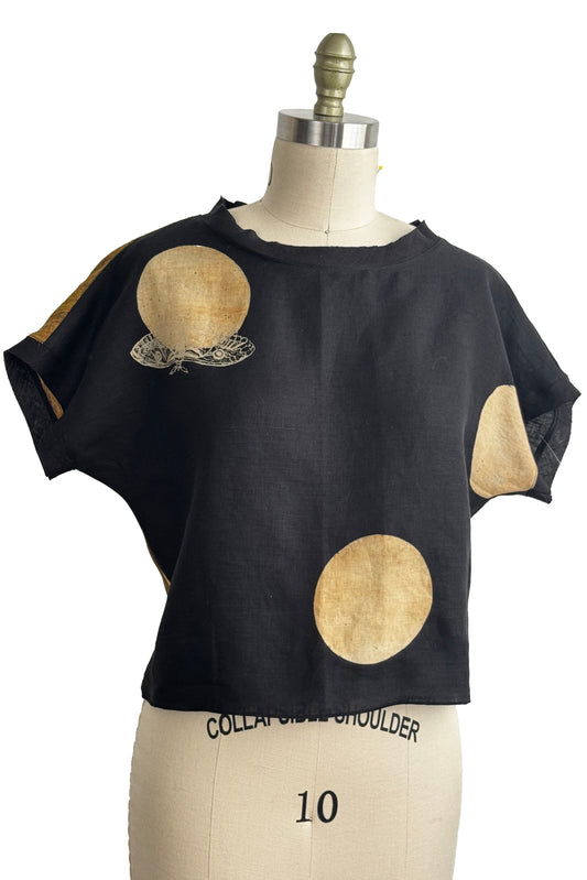 Jen Top Cropped | Linen | Moon Dot Moth Print | Black, Ochre & Natural | Small (2)