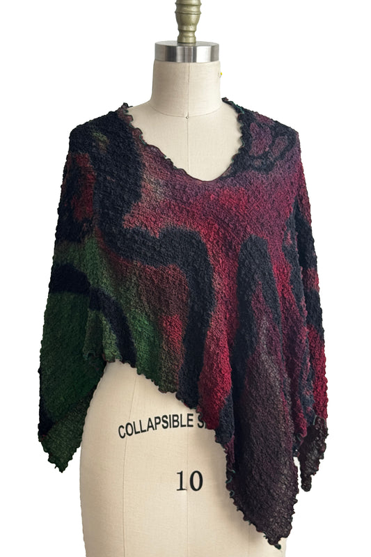 Bubble Poncho | Bubble Textured Silk | River Dye | Eggplant, Green, Wine & Black