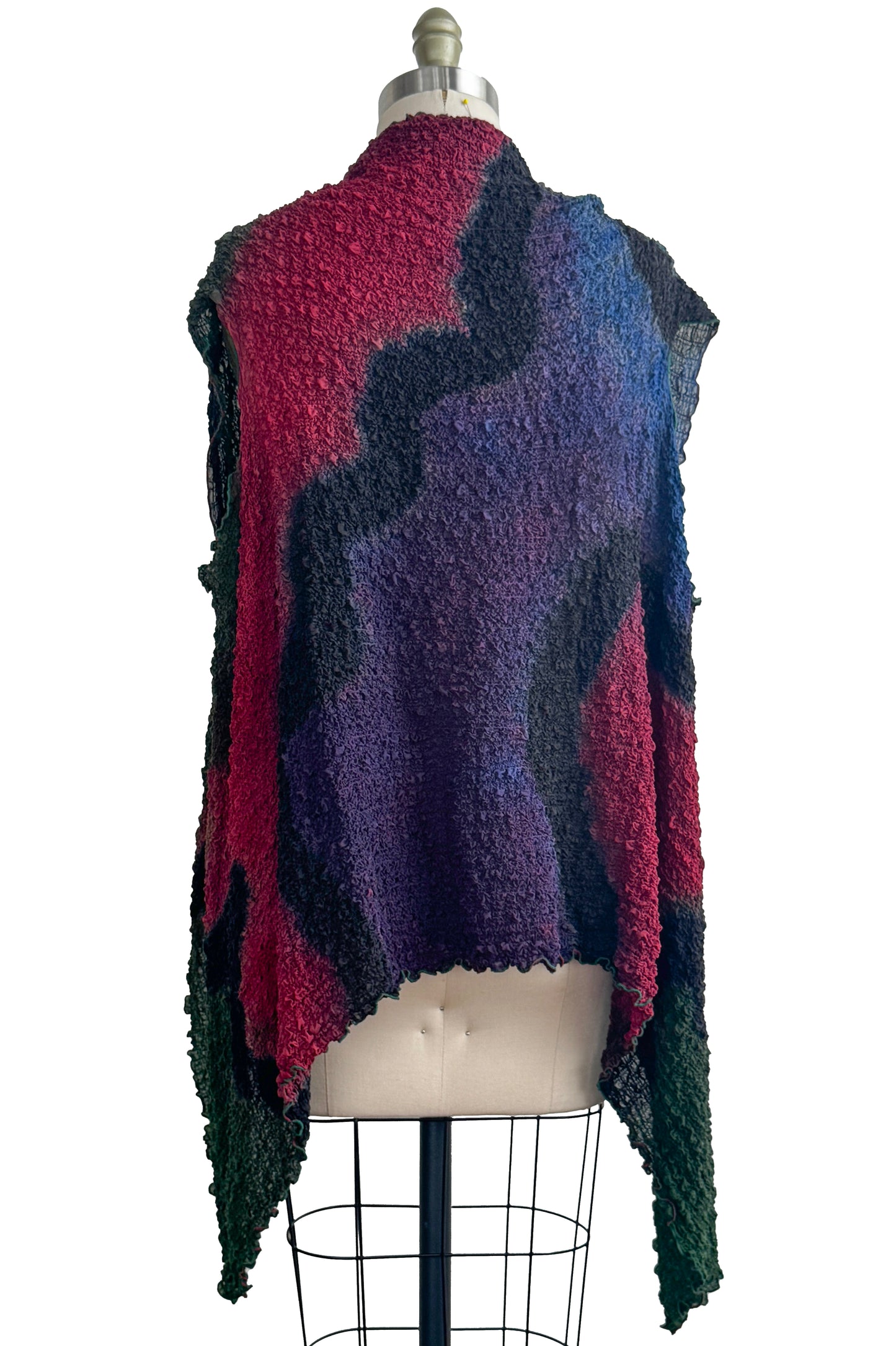 Asymmetrical Wrap Vest | Bubble Silk | River Dye | Olive, Red, Purple, Black & Blue