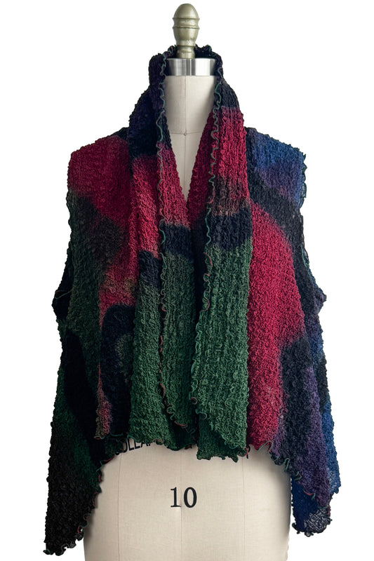 Asymmetrical Wrap Vest | Bubble Silk | River Dye | Olive, Red, Black & Blue
