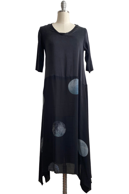 Marais Dress in Stretch Silk & Silk Georgette w/ Moon Print - Black & Grey -  Small