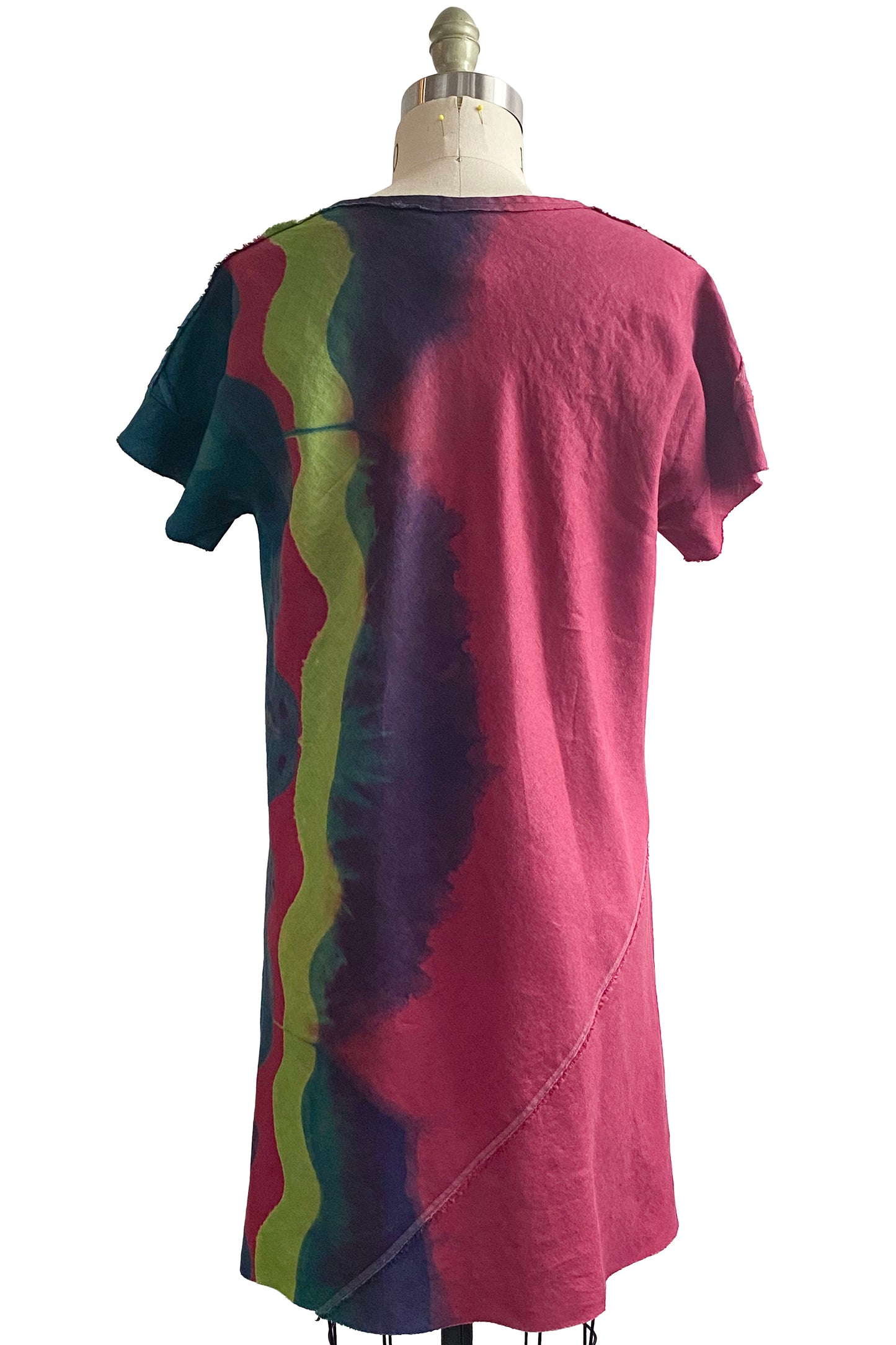 Athena Dress in Linen w/ Shibori Wave Dye - Red, Turquoise & Lime - Medium