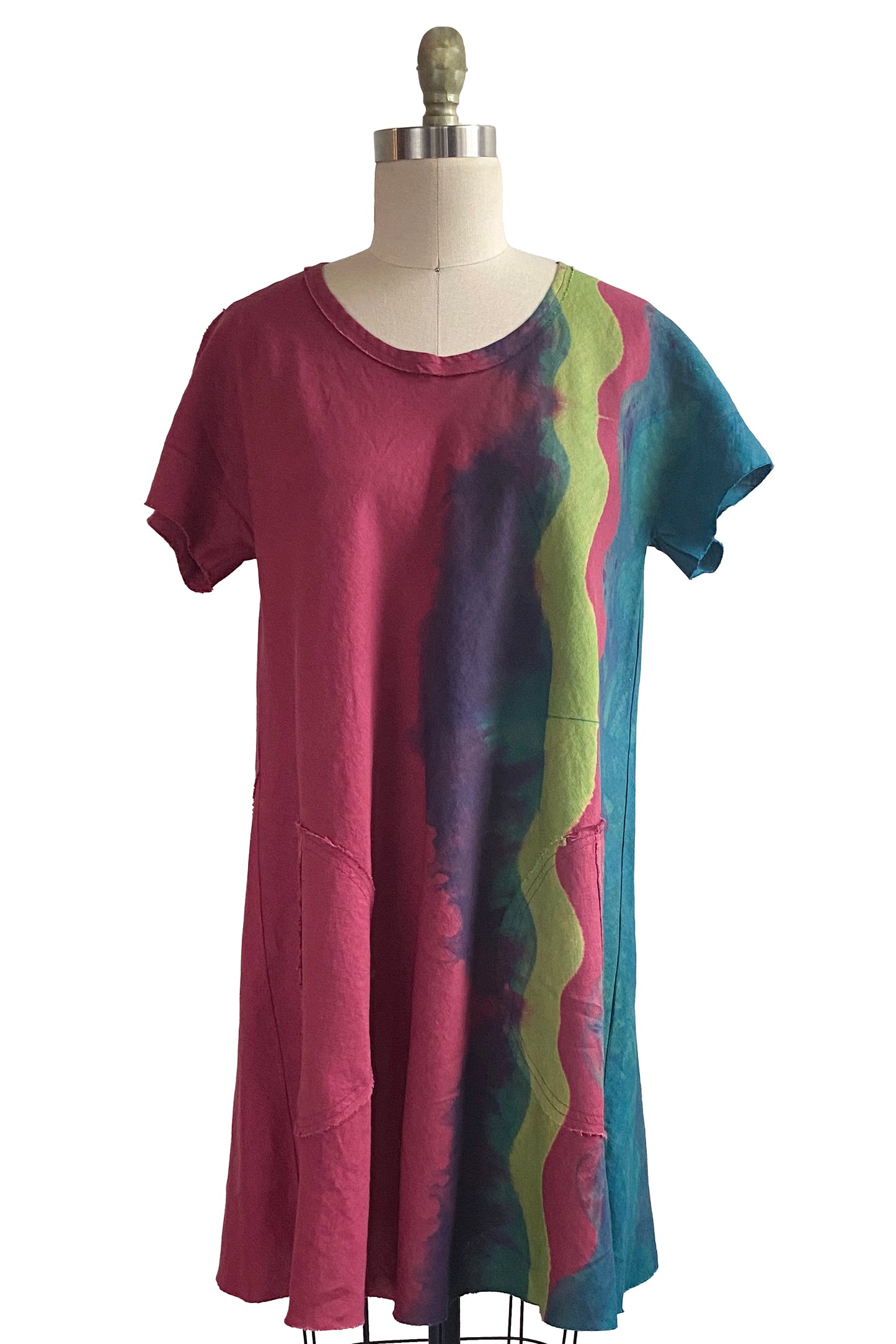 Athena Dress in Linen w/ Shibori Wave Dye - Red, Turquoise & Lime - Medium