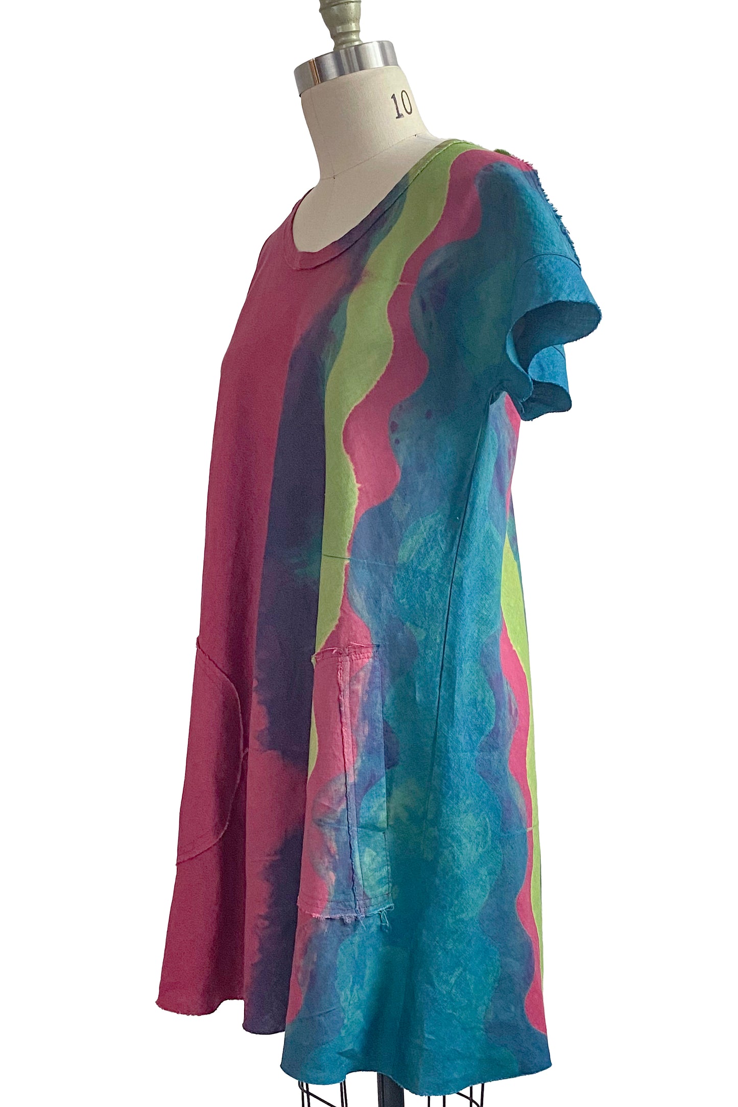 Athena Dress in Linen w/ Shibori Wave Dye - Red, Turquoise & Lime - Medium