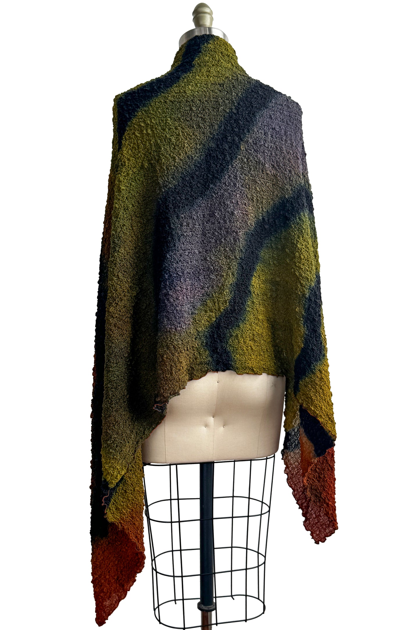 Bubble Shawl | Bubble Silk | River Dye | Olive, Purple, Black & Dark Orange