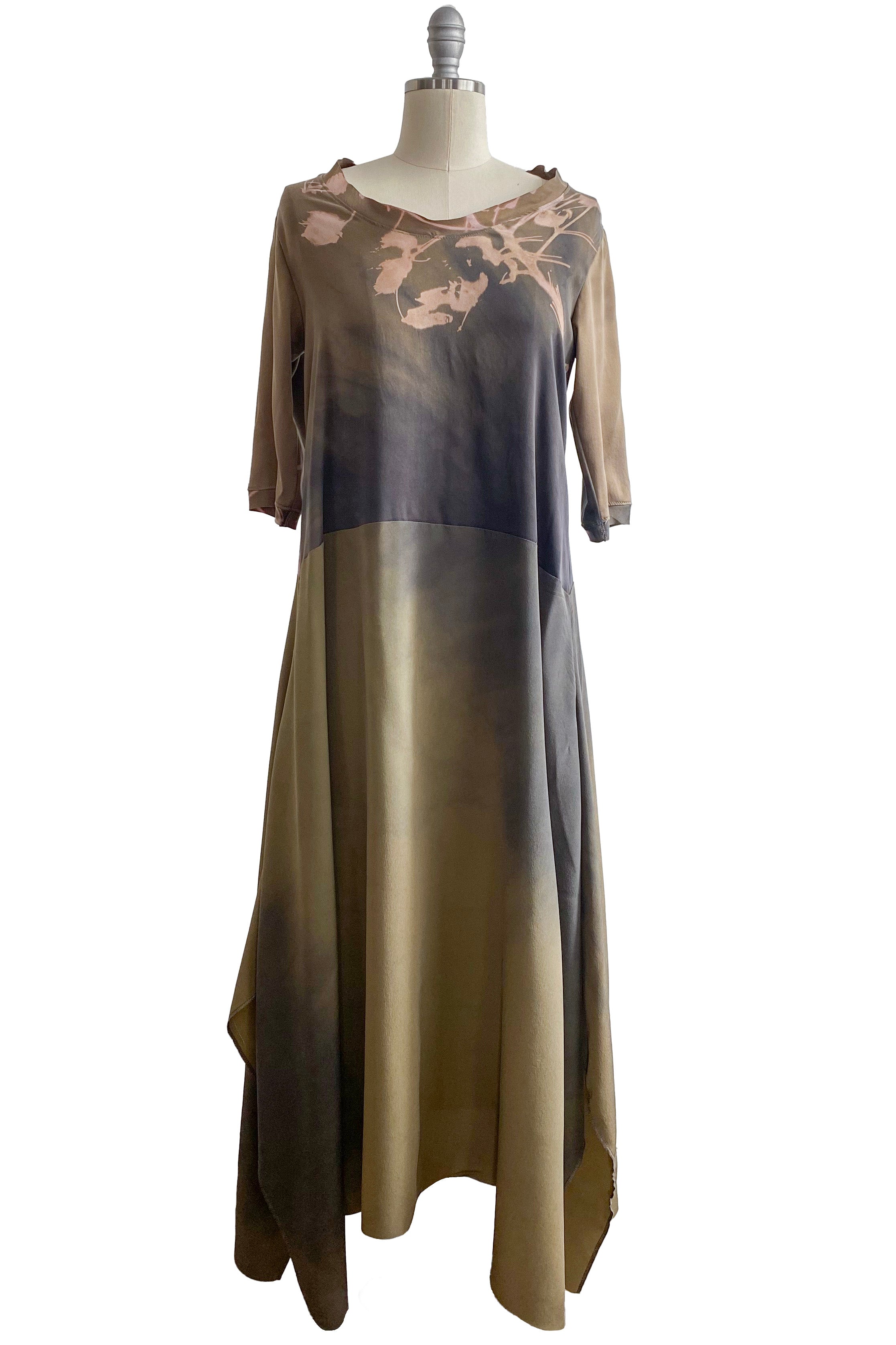 Marais Dress in Stretch Silk & Crepe De Chine w/ Cotton Print - Tan & Charcoal Small