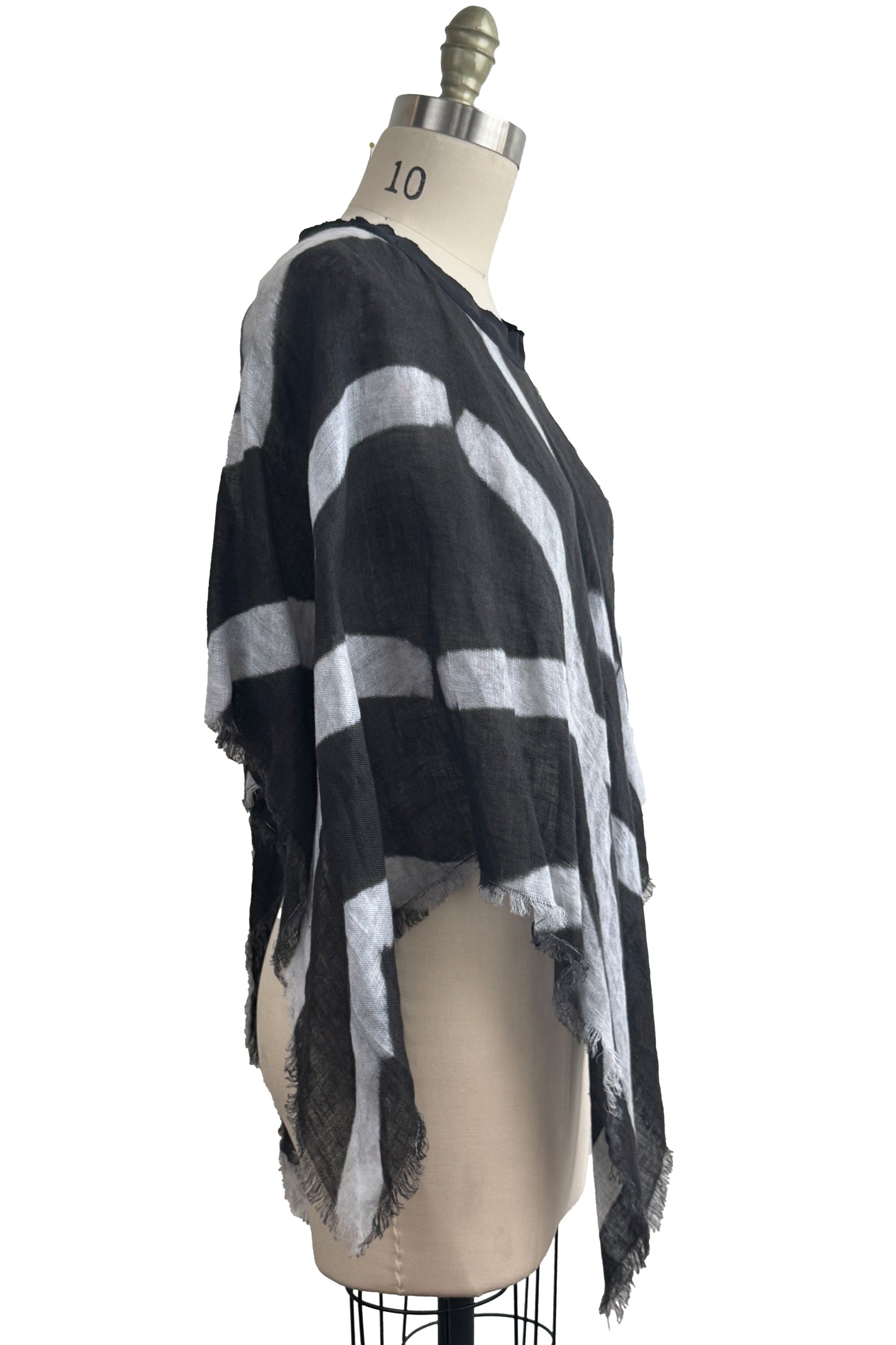 Open Weave Poncho w/ Silk Trim | Open Weave Linen | Itajime Dye | Black & White