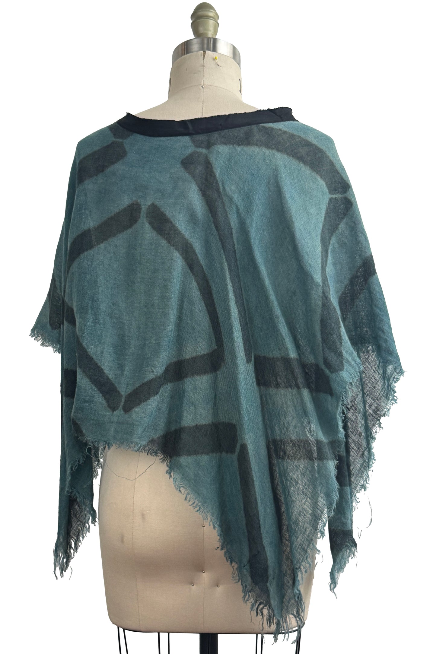 Open Weave Poncho w/ Silk Trim | Open Weave Linen | Itajime Dye | Black & Indigo
