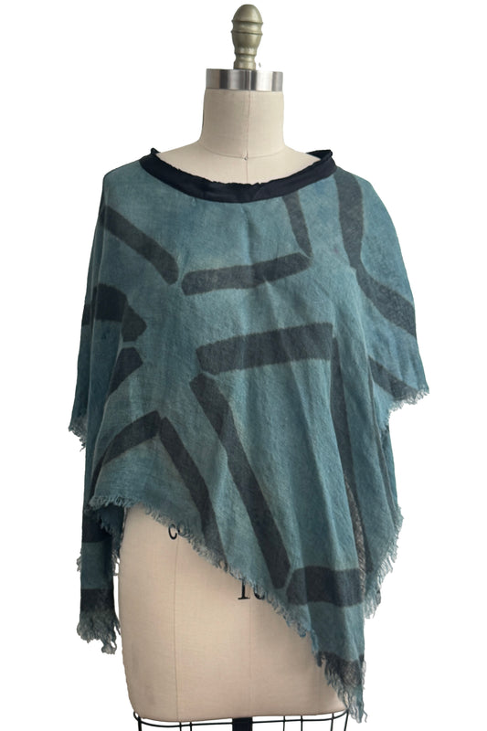Open Weave Poncho w/ Silk Trim | Open Weave Linen | Itajime Dye | Black & Indigo
