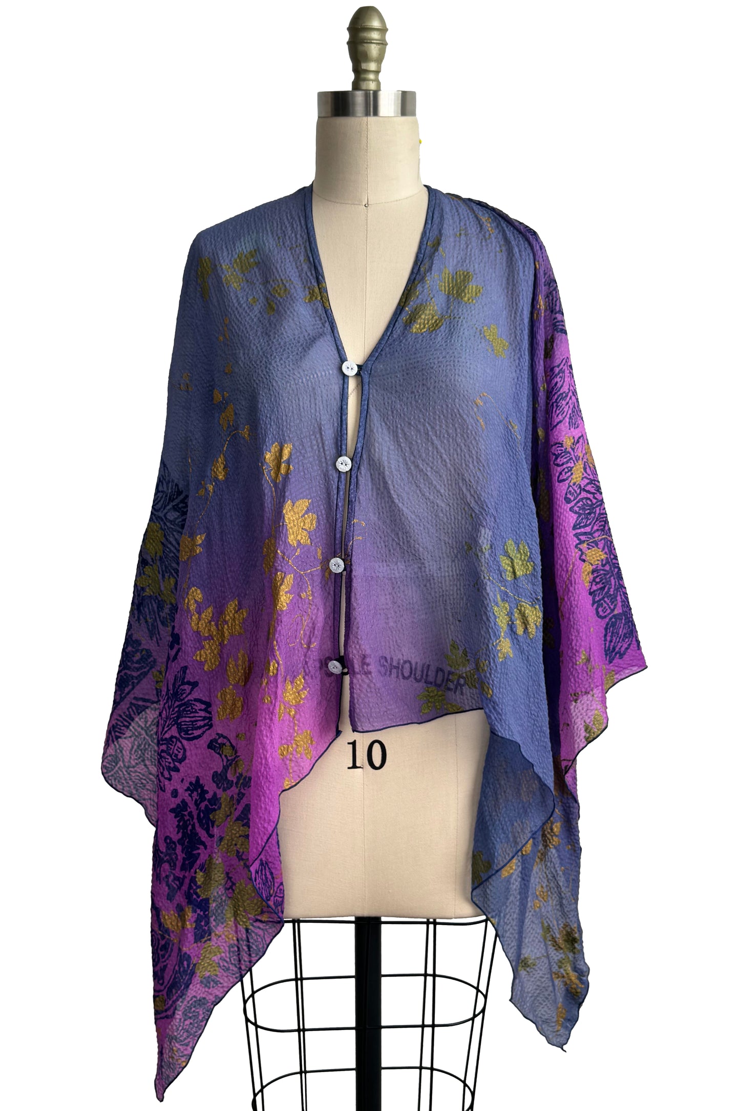 Button Drape Seersucker Silk - Tile & Vine Print - Purple & Blue