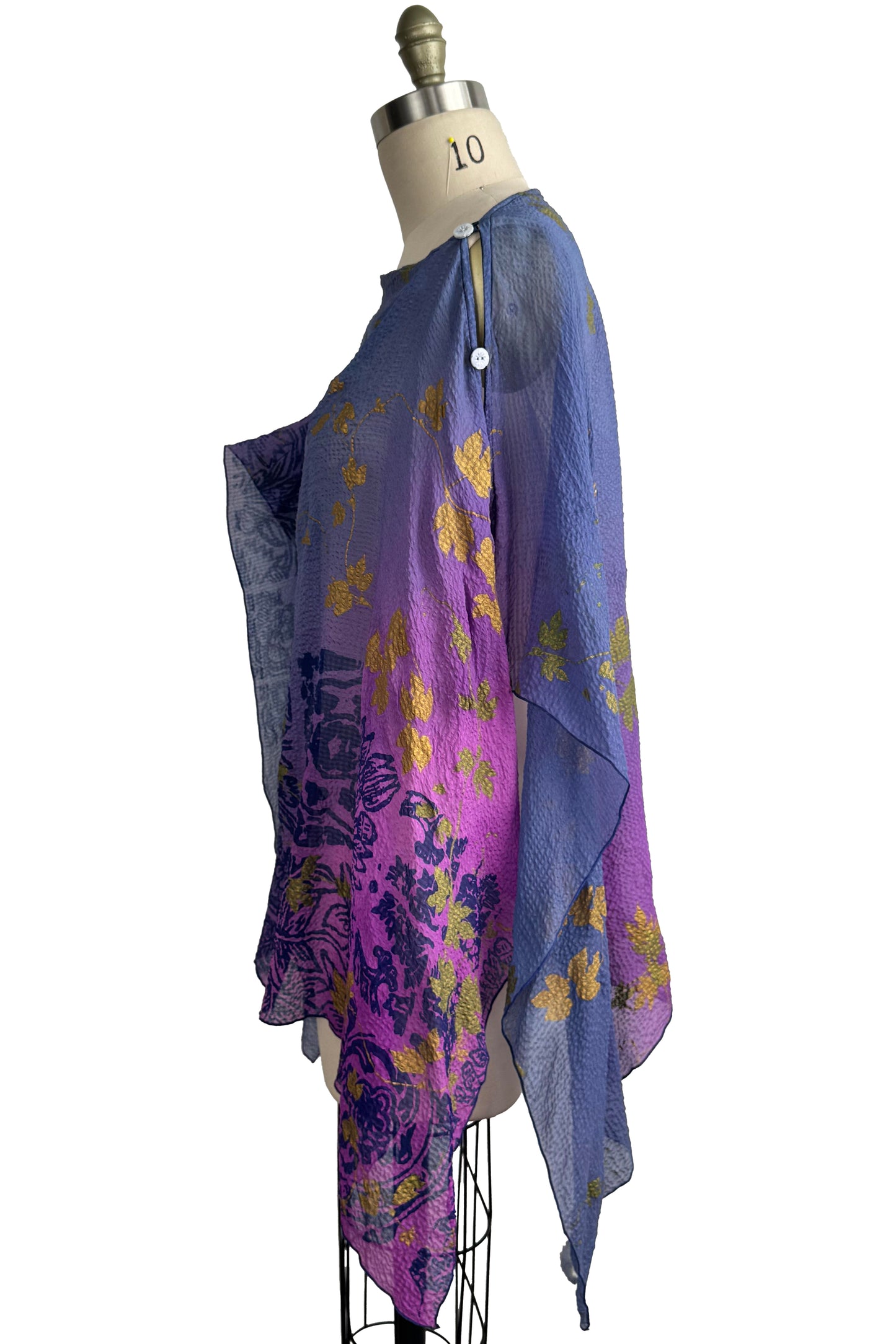 Button Drape Seersucker Silk - Tile & Vine Print - Purple & Blue