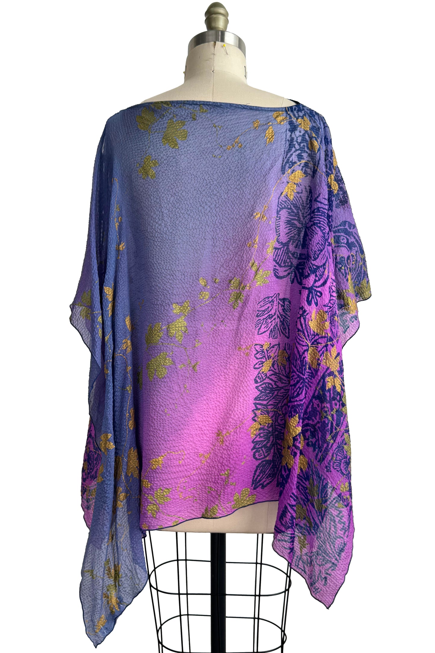 Button Drape Seersucker Silk - Tile & Vine Print - Purple & Blue