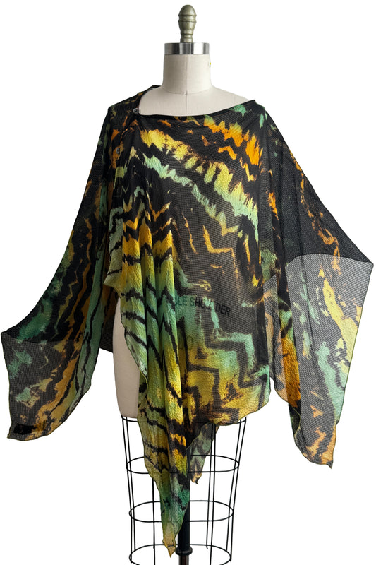 Button Drape | Seersucker Silk | Arashi Dye | Yellow, Black & Aqua